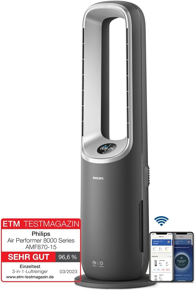 Philips Air Performer 3-in-1: Luftreiniger, Heiz- und Kühlgebläse - Reinigt 70 m², Entfernt 99,97% der Allergene und Schadstoffe. HEPA-Filter, Intelligente Sensoren, Alexa, App. (AMF870/15)