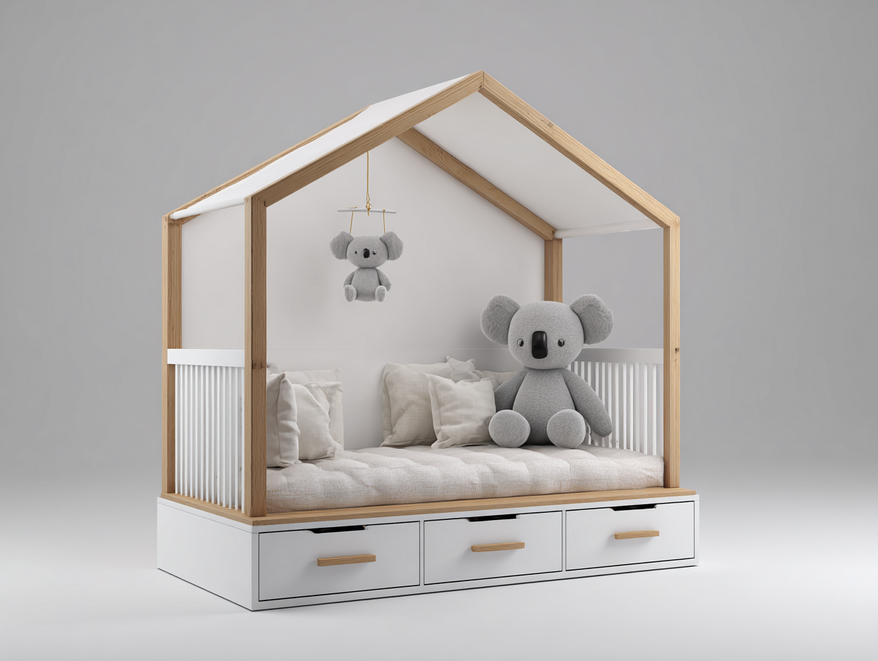 Hausbett-Holzrahmen-170x90x155cm-Natur-Weiß-Schubladen-Aufbewahrung-ModernesDesign