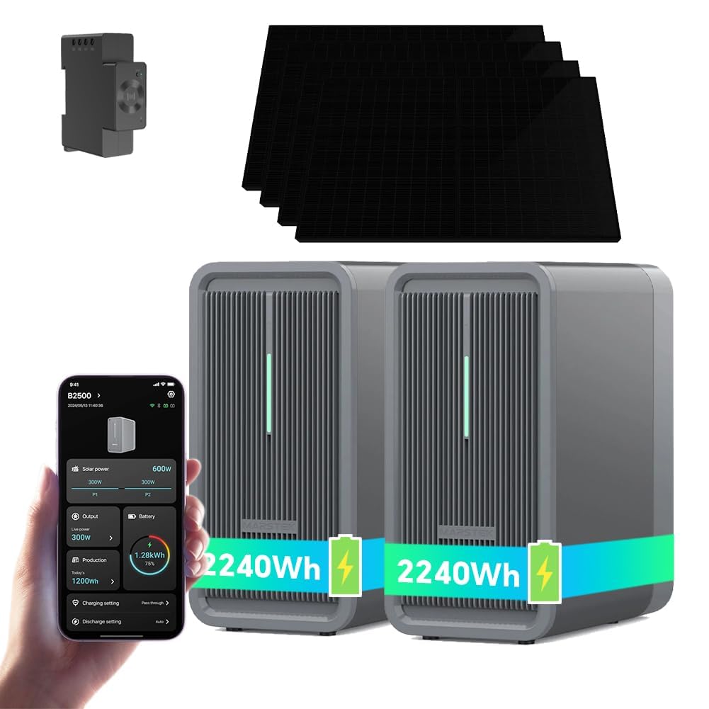 Marstek B2500 Balkonkraftwerk mit Speicher/500W Solarpanel/Intelligenter Zähler: 19% MwSt, 4480Wh LiFePO4 Solarbank Speicher, 2 MPPTs, 1600W Max. PV Solareingang & 800W DC-Ausgang, IP65, Plug&Play