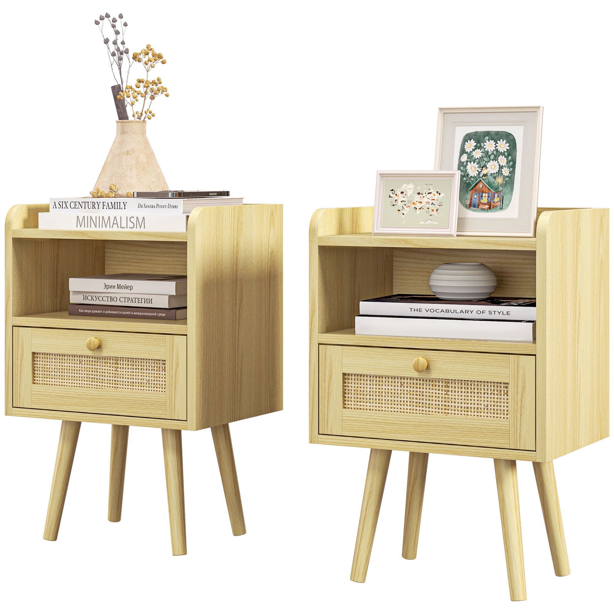 HOMCOM Set mit 2 Nachttischen mit Rattan-Effekt Schublade und offenem Fach, 40 x 30 x 60 cm, Naturholzoptik