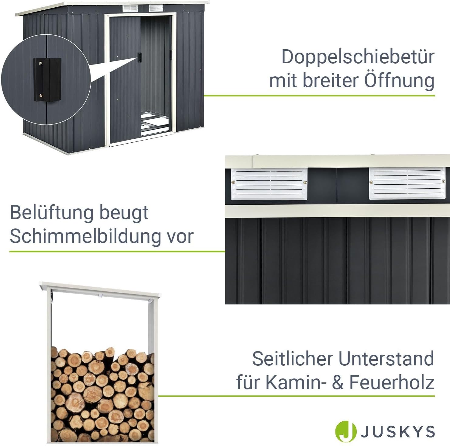 Juskys Metall Gerätehaus M mit Holzunterstand rechts, Schiebetür, Lüftungsgitter, Fundament - Geräteschuppen Gartenhaus Metallgerätehaus Holzregal