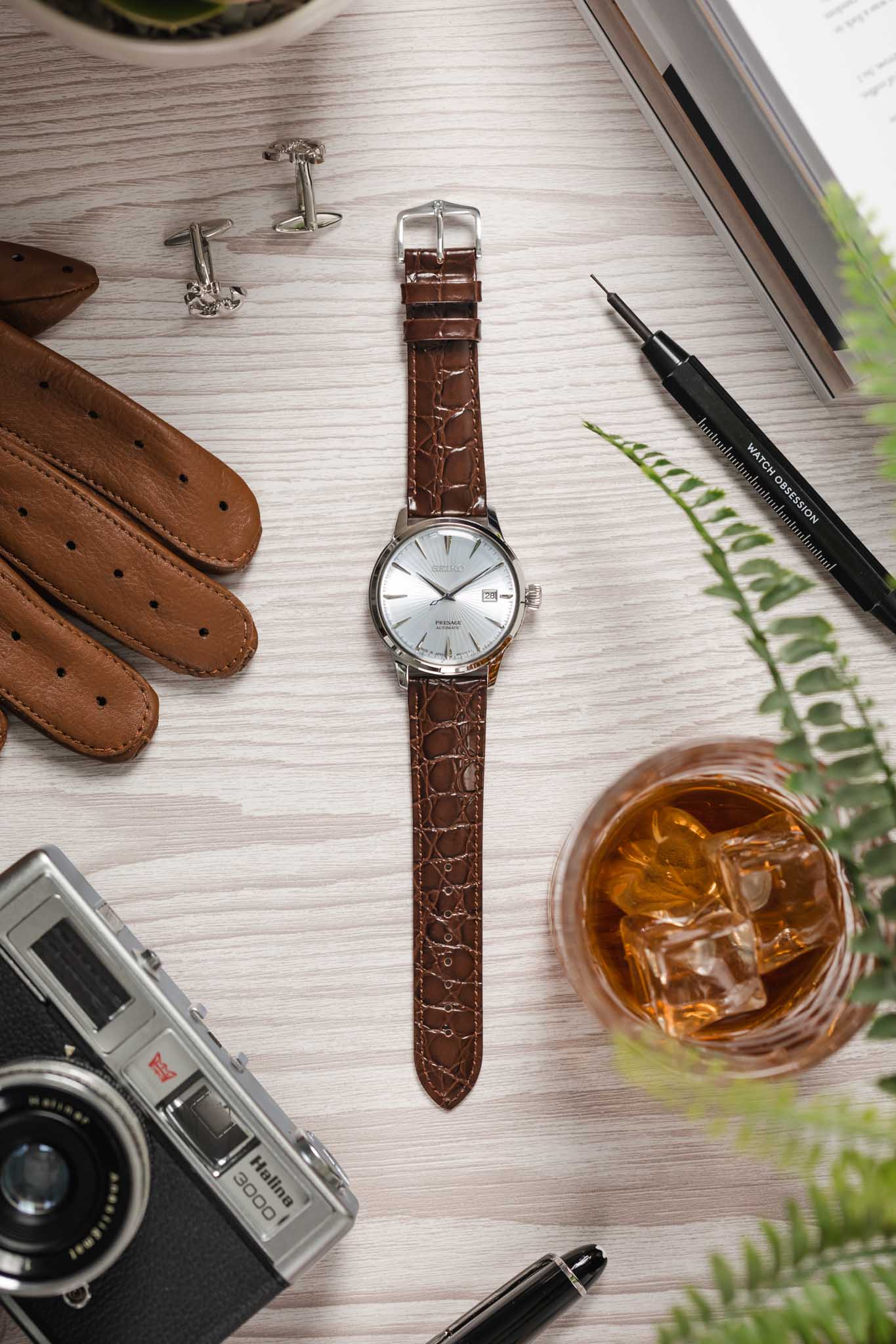 Hirsch CROCOGRAIN NQR Crocodile Embossed Leather Watch Strap in BROWN