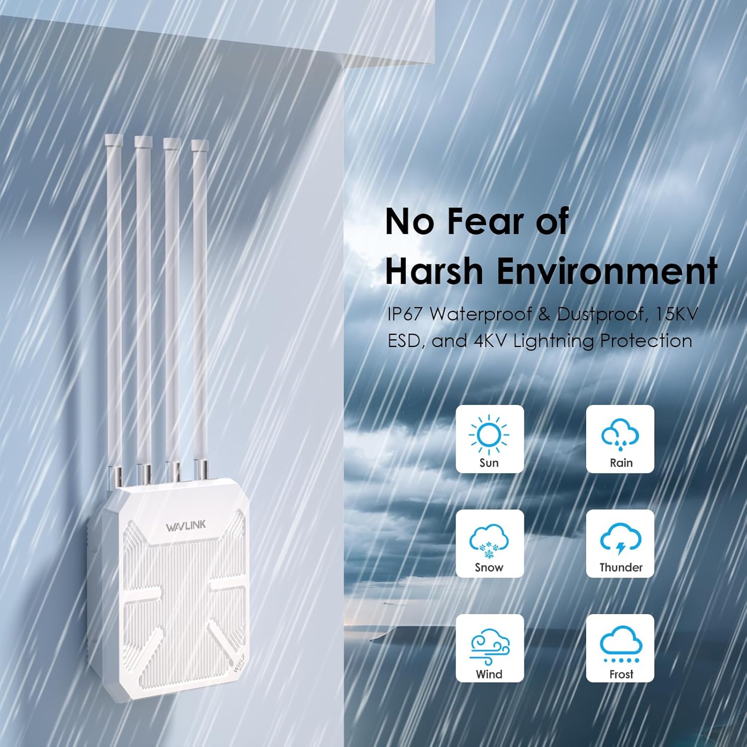 Router WiFi 7 WAVLINK Esterno BE5100 Mesh, Ripetitore, Punto di Accesso, IP67 Impermeabile, ESD 15KV, Protezione Fulmini 4KV, PoE Attivo/Passivo, Antenne 8dBi, Lunga Portata per Aree Rurali e Imprese
