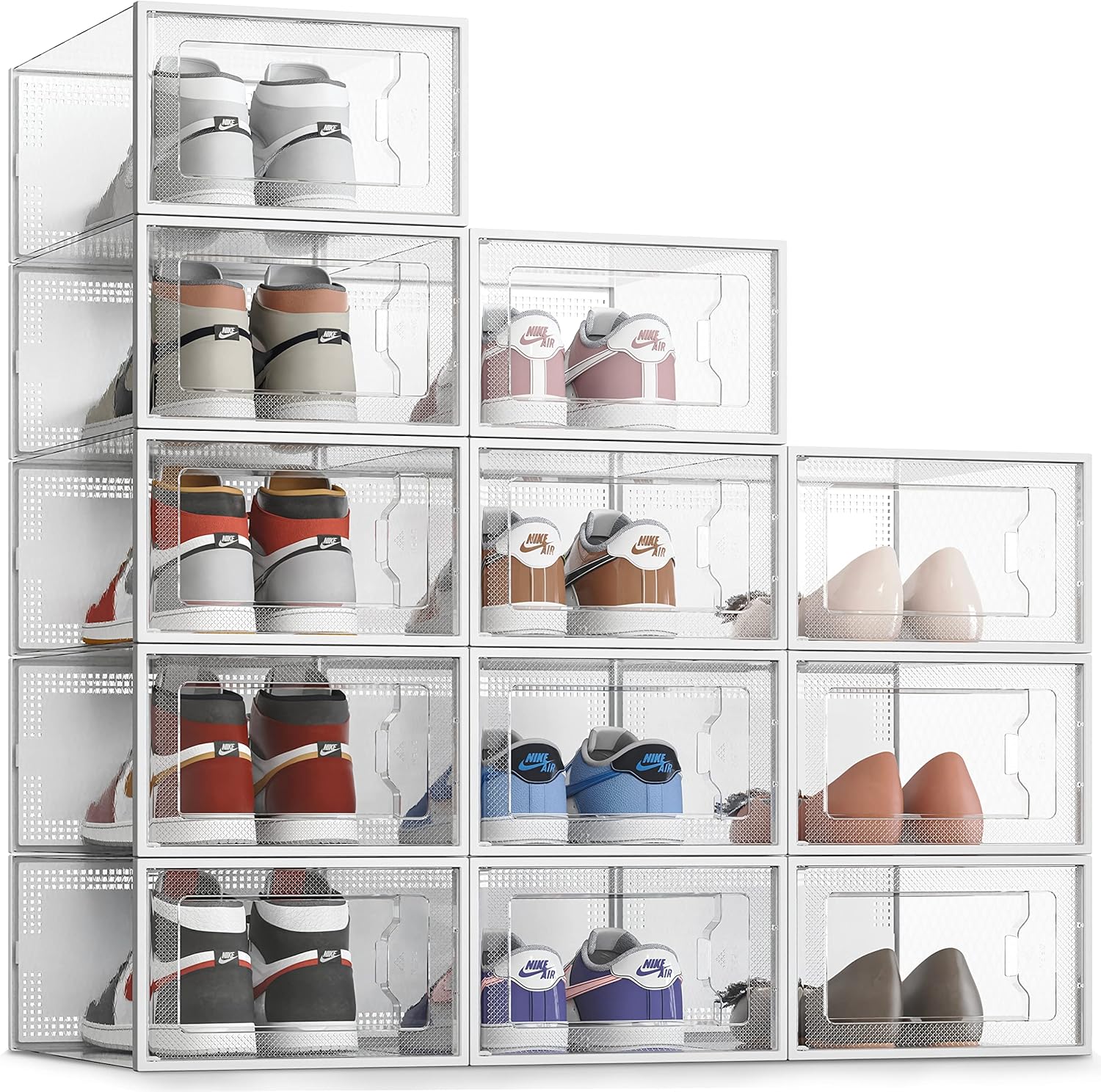 SEE SPRING 12 x Large Clear White Stackable Shoe Boxes in Crystalline Plastic with Lid, Compact Shoe Rack Visible Containers up to Size 44