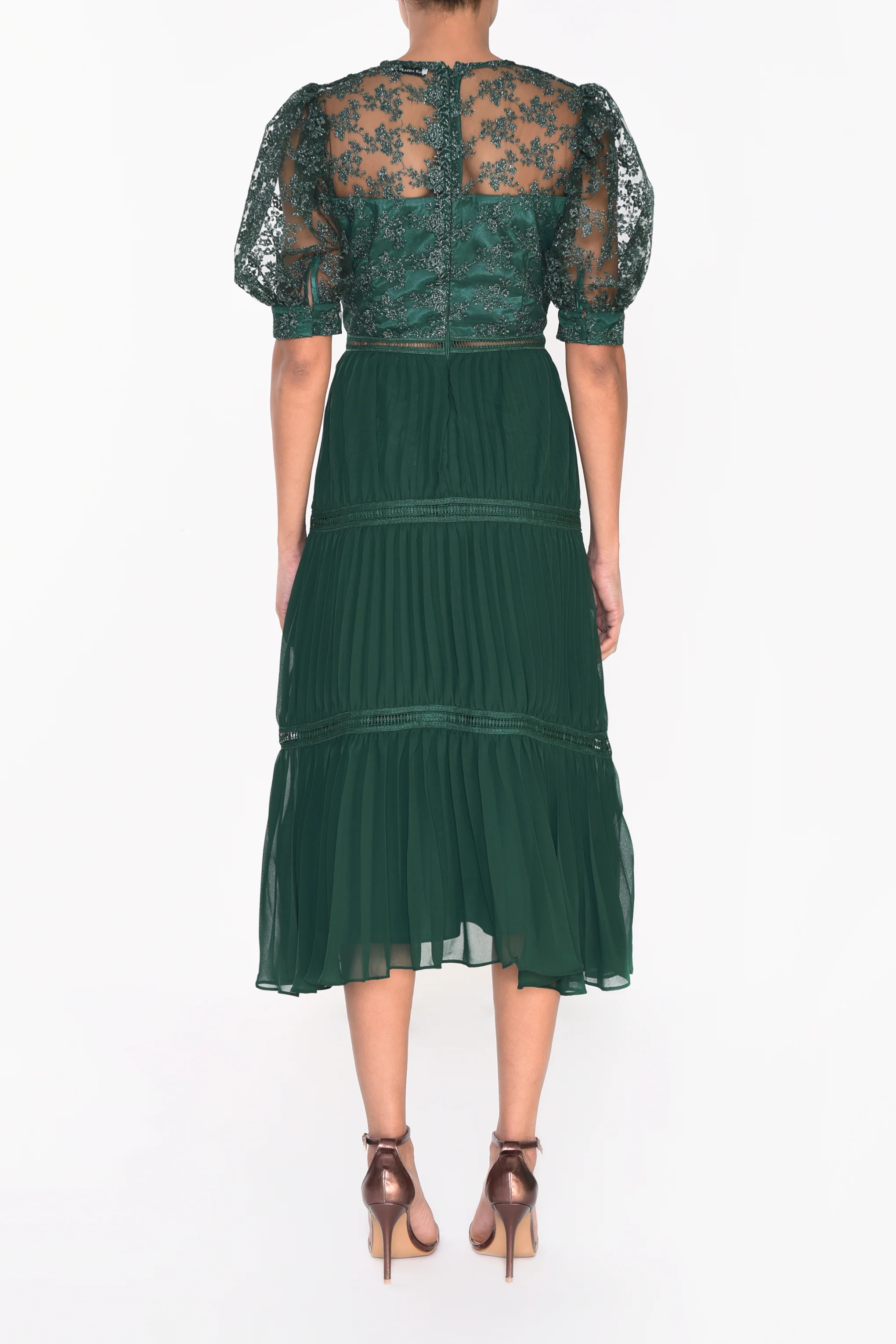 Emerald Green Metallic Pleated Midi Skater Dress