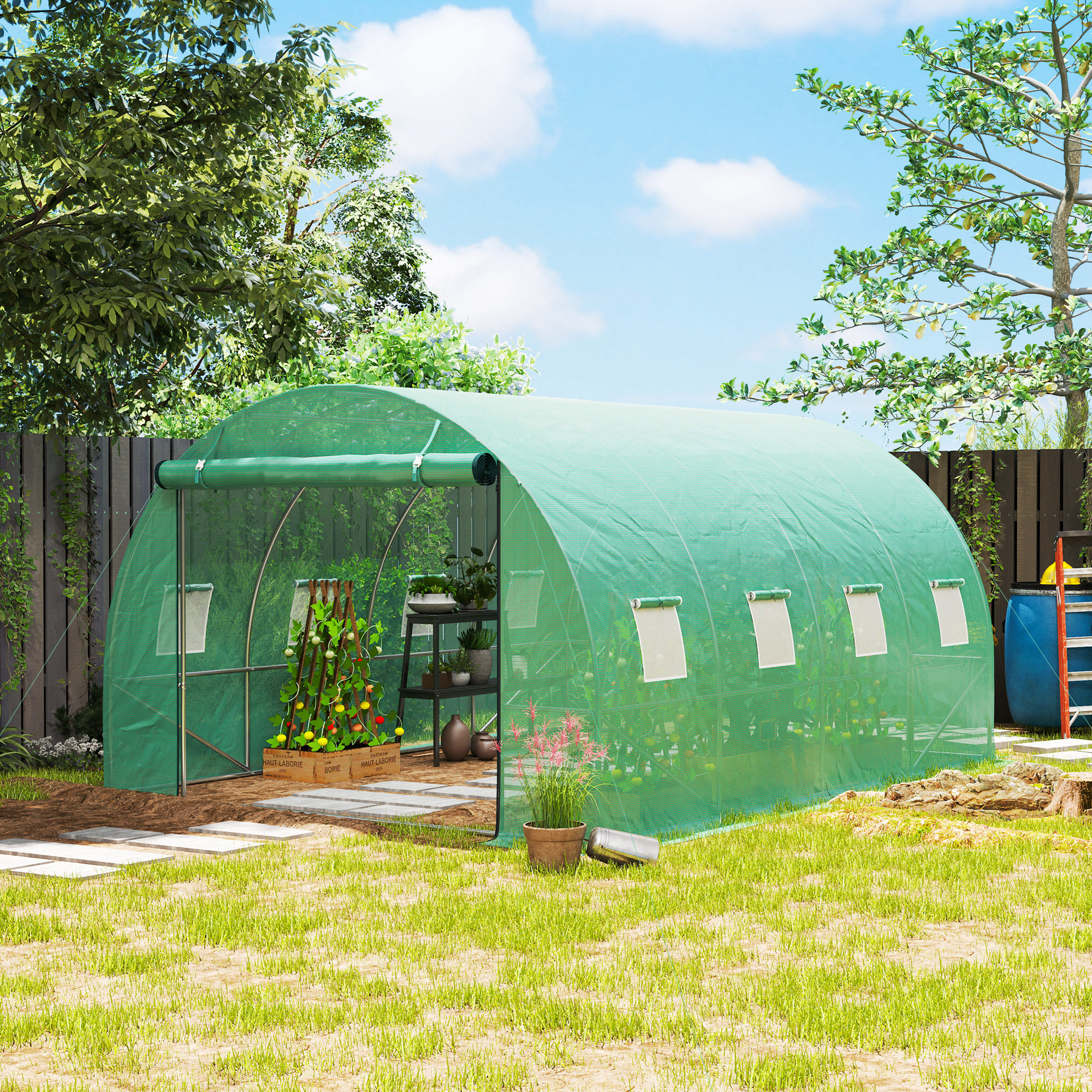 Outsunny Polytunnel Gewächshaus mit Kunststoff-Abdeckung und Stahlrahmen, begehbares Gewächshauszelt mit Rolltüren, Grün