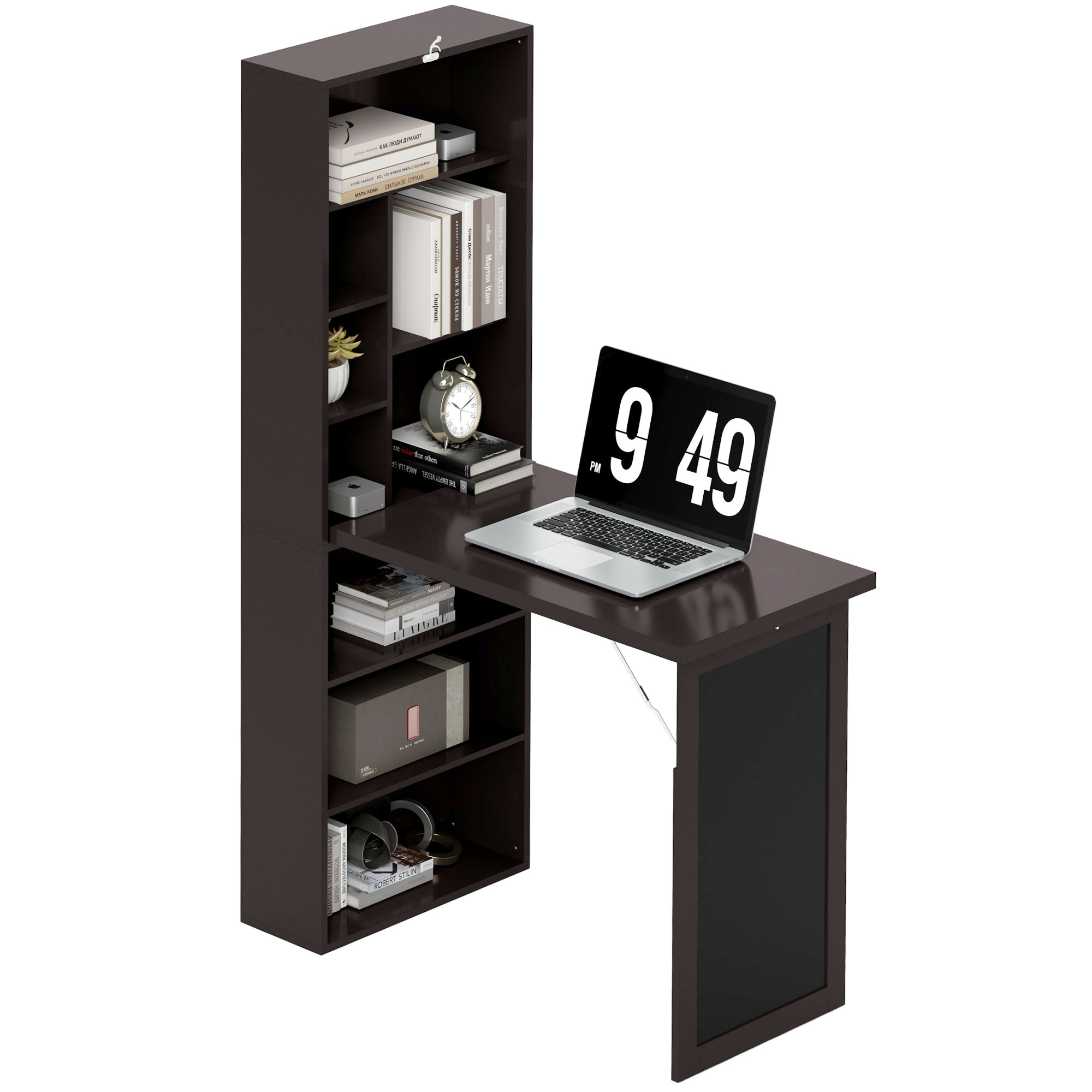 HOMCOM Klappbarer Wandtisch mit Stauraum, Bücherregal, Arbeitsplatz, Kreidetafel und höhenverstellbarem Regal