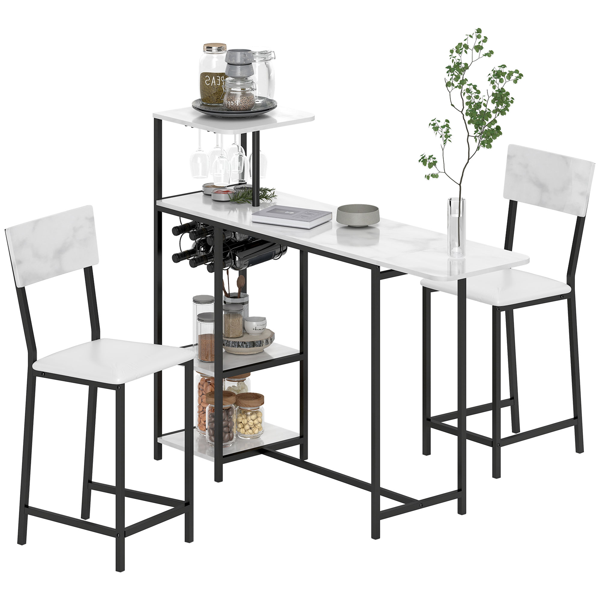 HOMCOM Ensemble table de bar mit Hockern, klappbare Tischplatte, Weinregal, Glashalter, Regale und Fußstützen, weiß