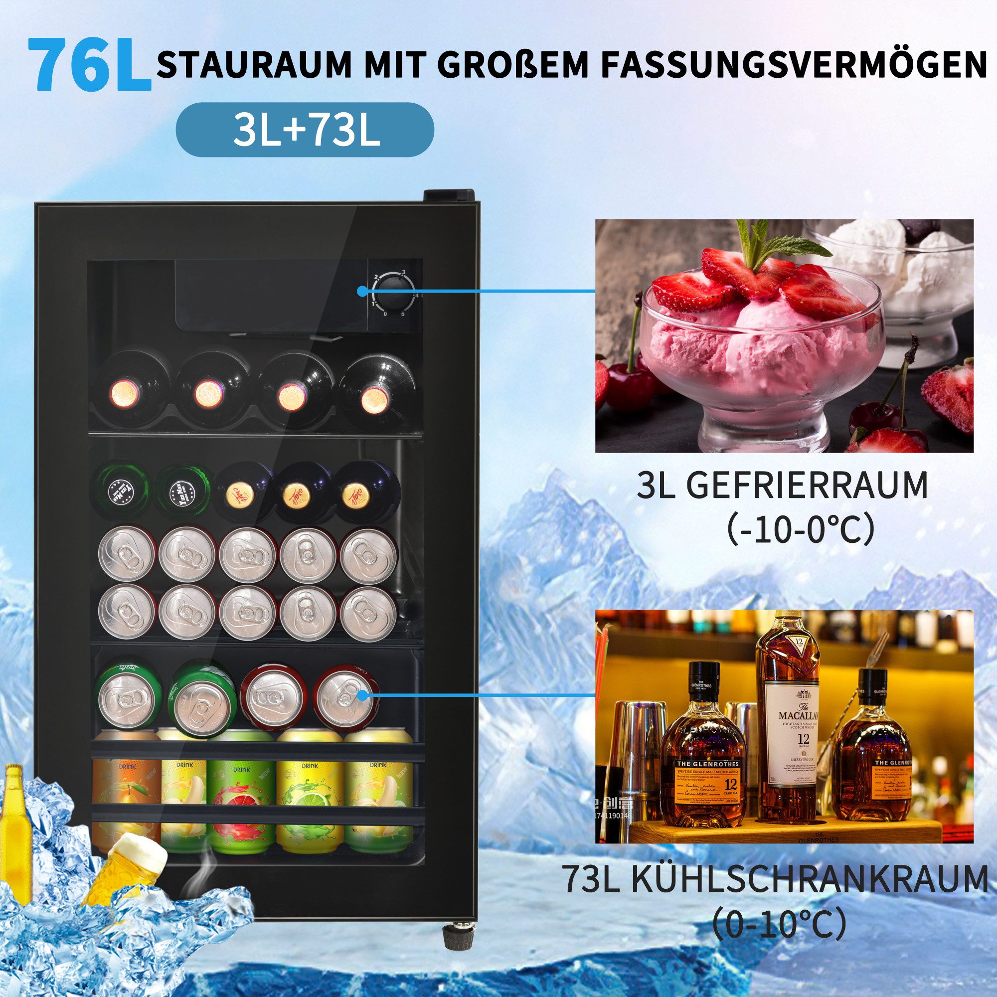 Kühlschrank 76L mit Gefrierfach, Glastür, verstellebare Ablage, Getränkekühlschrank SC-76A