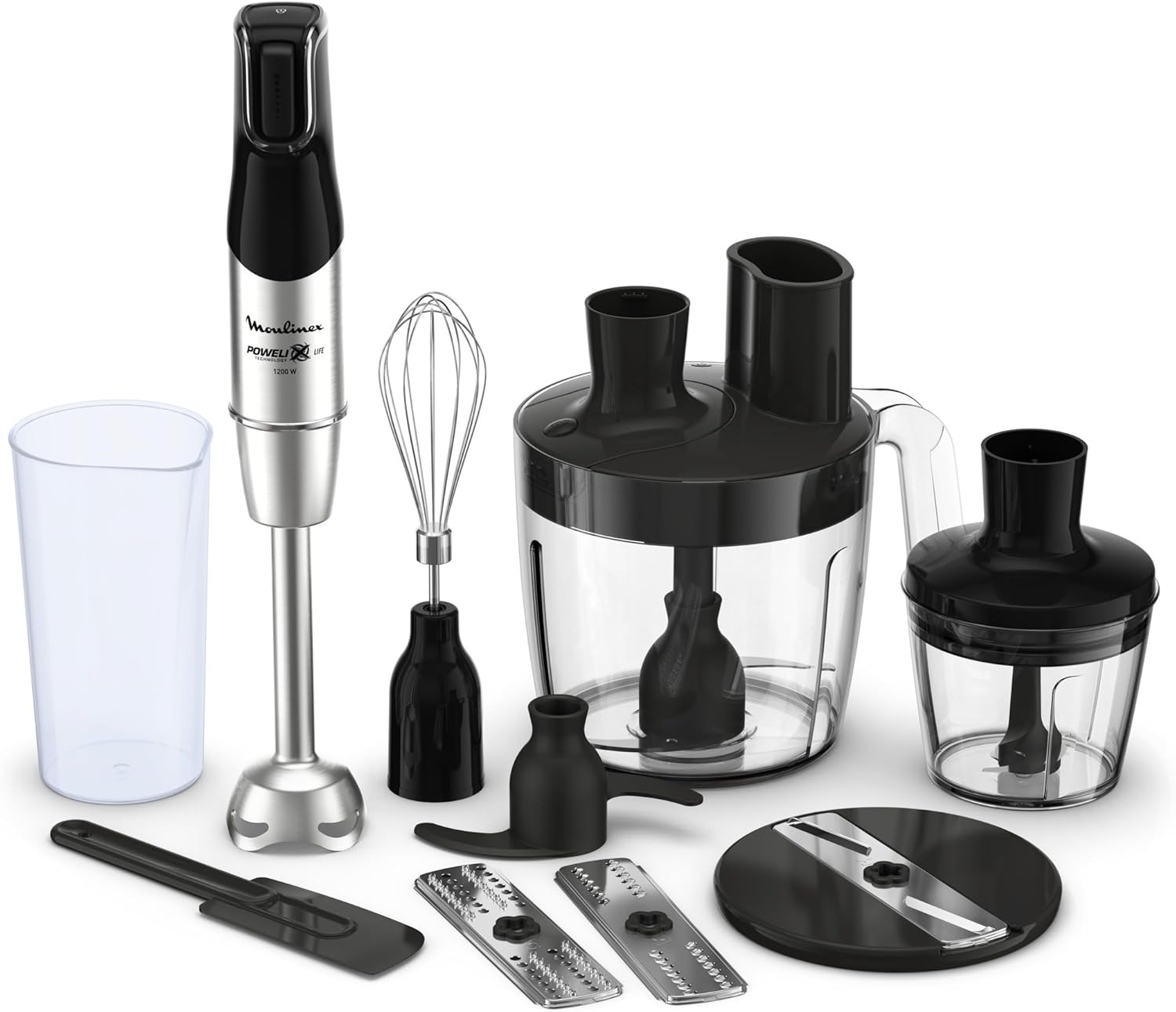 Moulinex Infinyforce Pro Frullatore a Immersione, 1200 W, Lame Resistenti, 5 Funzioni, 3 Accessori con Robot Multifunzione, Mixer a Immersione con Controllo Velocità, Lavabile in Lavastoviglie,DD95JD