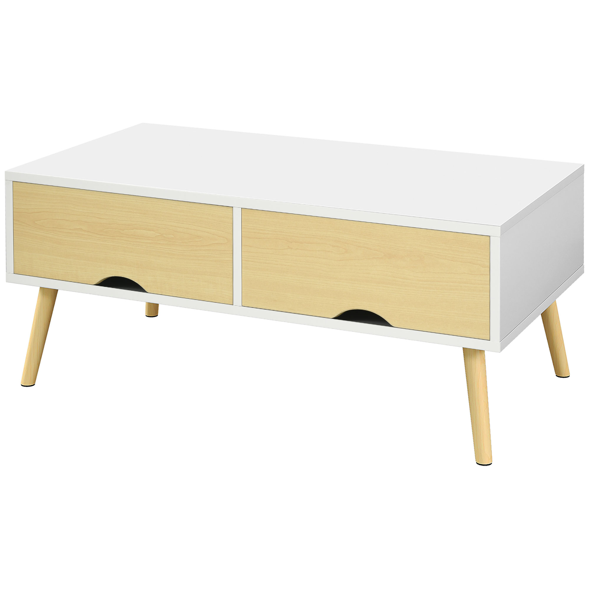 HOMCOM Rechteckiger Couchtisch mit 2 Schubladen und 1 offenem Fach 90 x 48 x 39 cm Weiß und Natur