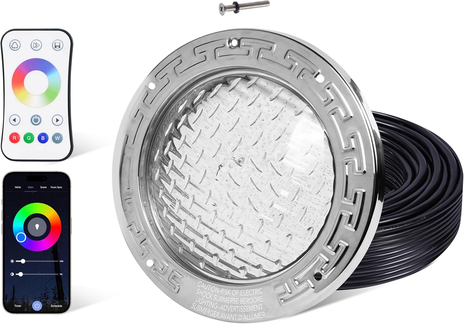 HQUA PN01DC LED Inground Pool Lighting System RGBW Color Change 10 Inch 50W  Remote/App Control  120V AC  100 Feet Cord