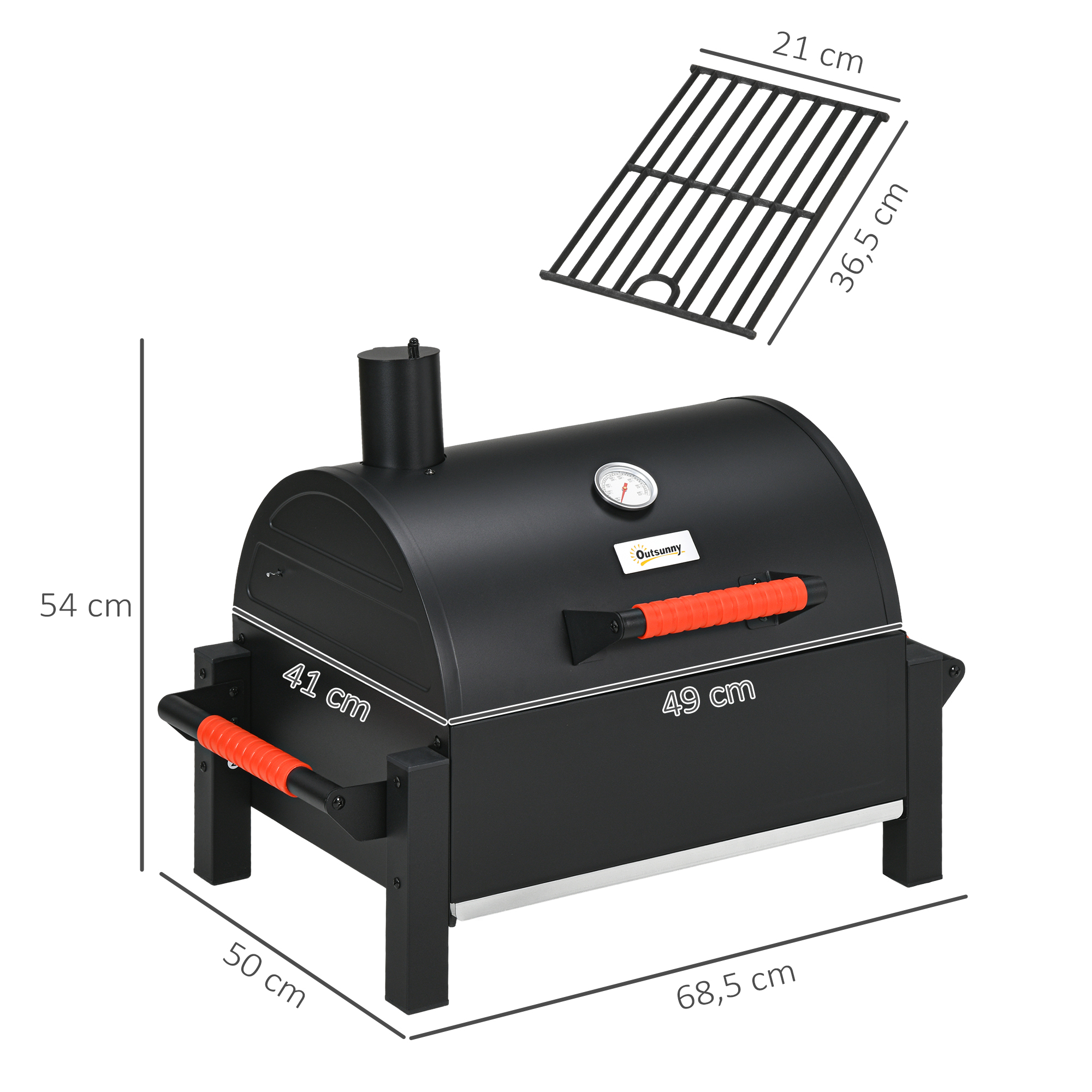 Outsunny Houtskoolgrill met Deksel, Warmhoudrooster, Aslade, Thermometer, Roestvrij, 68,5x50x54cm, Zwart/Rood