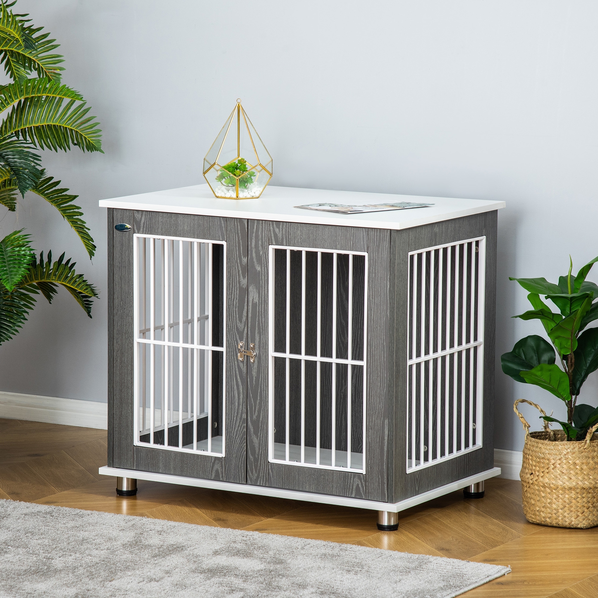 PawHut Transportbox für mittelgroße und kleine Hunde, verriegelbar Holzwerkstoff Stahl Grau + Weiß