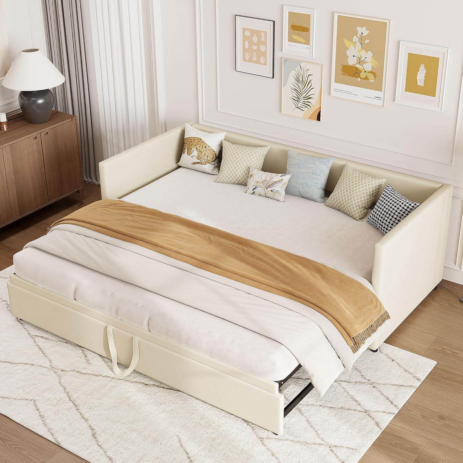 Schlafsofa 200cm Breit, Schlafcouch Ausziehbar, Schrankbett mit Sofa, Murphy Bed 90/180 x 200 cm, Polsterbett Tagesbett Ausziehbar mit Lattenrost, Doppelbett, Samtstoff, ohne Matratze (Beige)