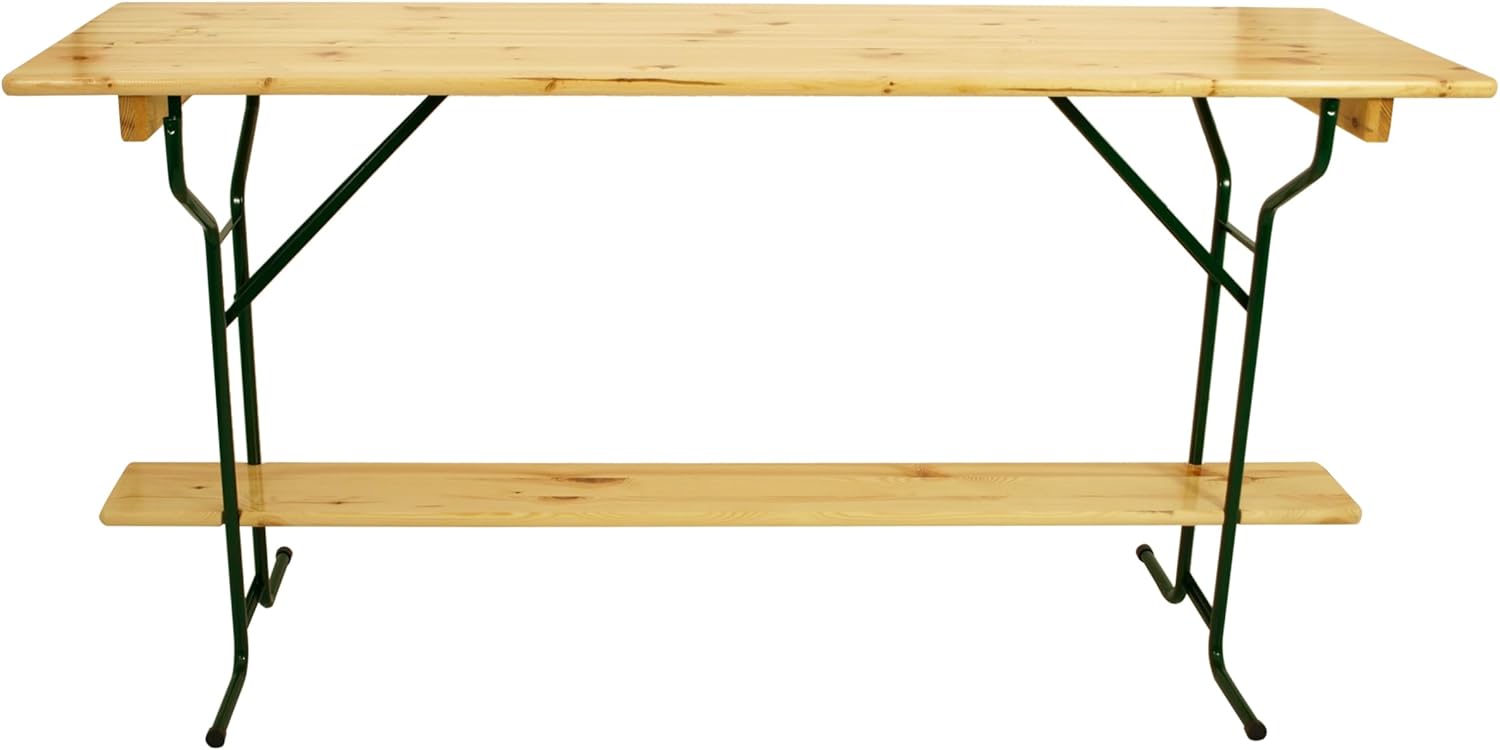DEGAMO Stehtisch Bartisch Bamberg 70 x 220cm, Gestell Stahlrohr dunkelgrün, Tischplatte Kiefernholz transparent beschichtet, klappbar, Höhe 110cm