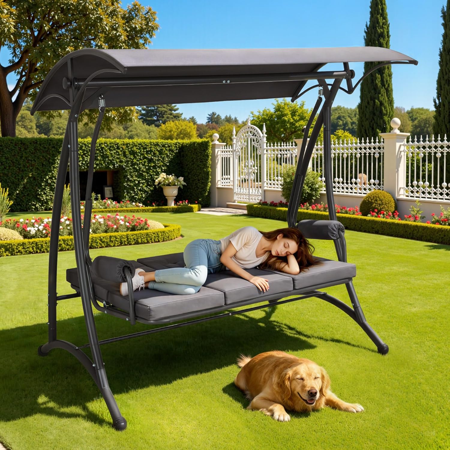 M MCombo Dondolo Hollywood a 3 posti con funzione sdraio, 3 cuscini extra spessi e ganci silenziosi, altalena da giardino silenziosa portata fino a 300 kg, 193 x 119 x 185 cm, resistente alle