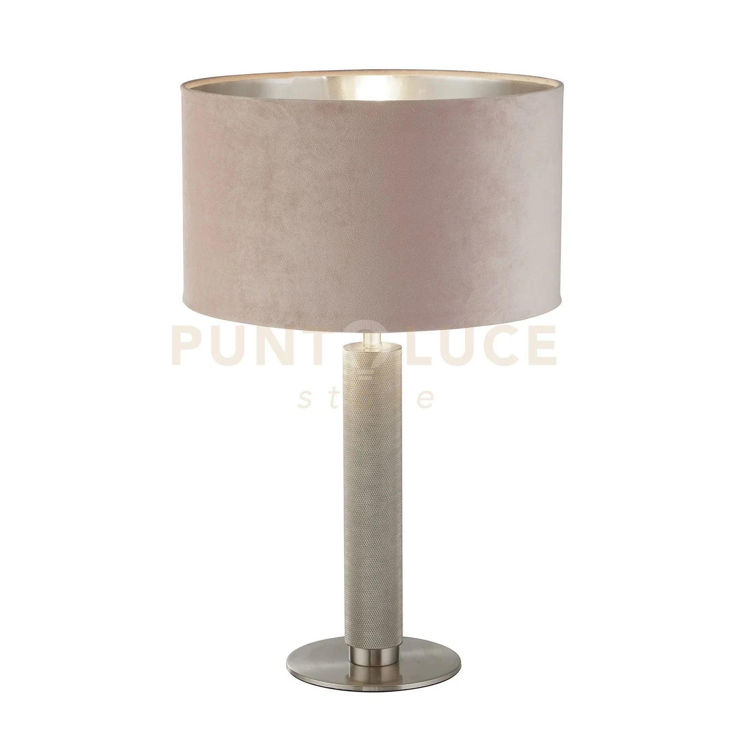 Lampada da Tavolo “London” – Paralume in Velluto Rosa, Base Argento Satinato Zigrinato, Stile Elegante