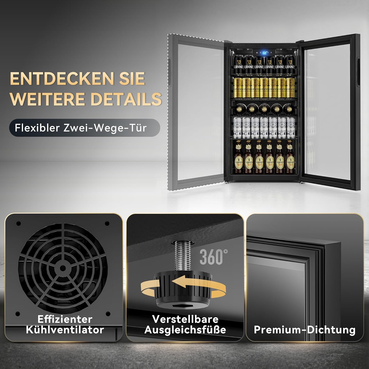 TRIUMPHKEY 90L Getränkekühlschrank mit Klima-Kühlung | Neu: Gleichmäßige & frostfreie Kühlung | 4 verstellbare Ablagen – Platz für 126 Dosen | Ideal für Bar, Büro & Haushalt