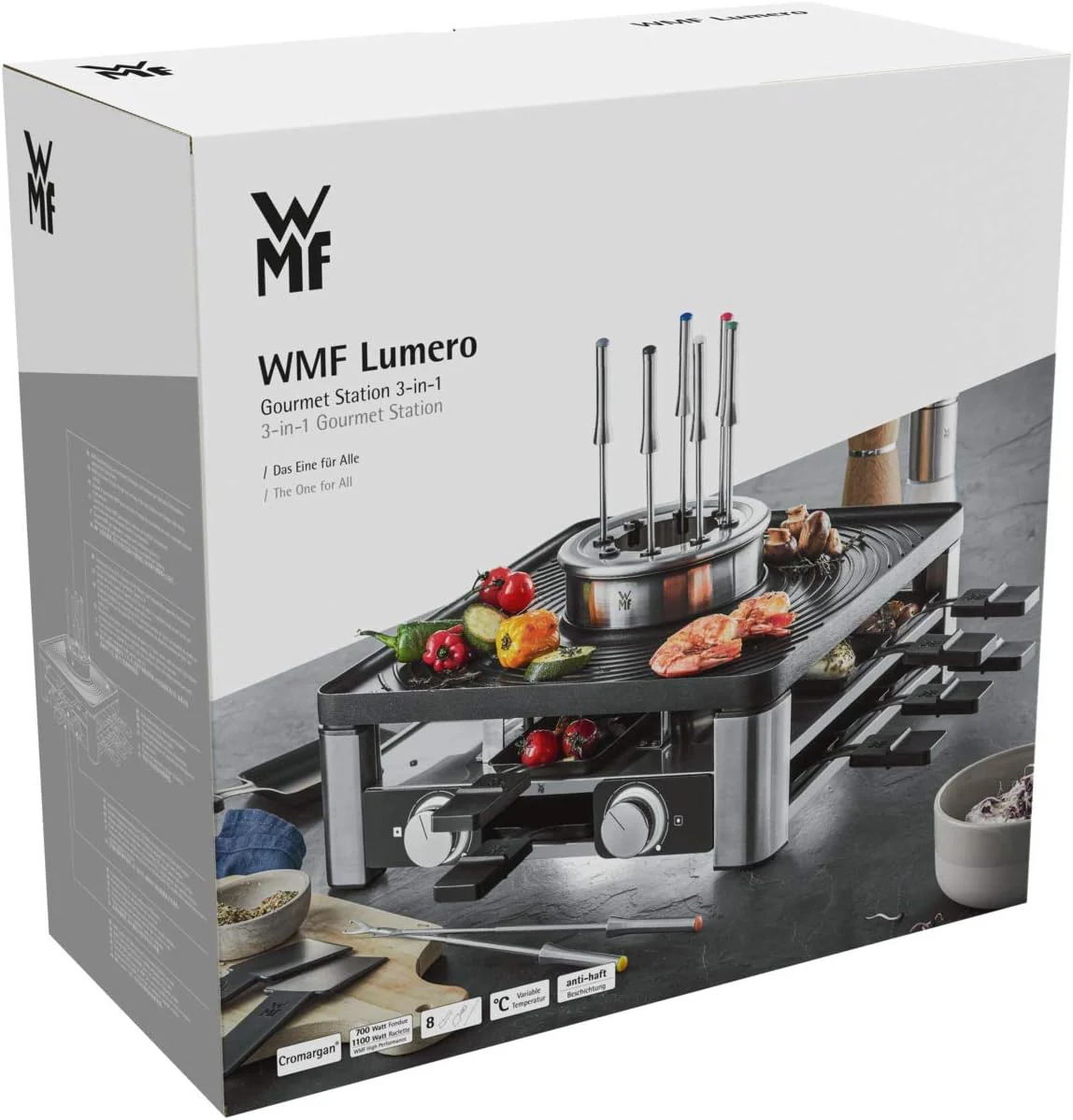WMF Lumero 3in1 Gourmet Station f��r 8 Personen, Raclette Fondue Kombi, elektrisch, Temperaturregulierung, Beleuchtung, 1800 Watt, platzsparend, edelstahl matt
