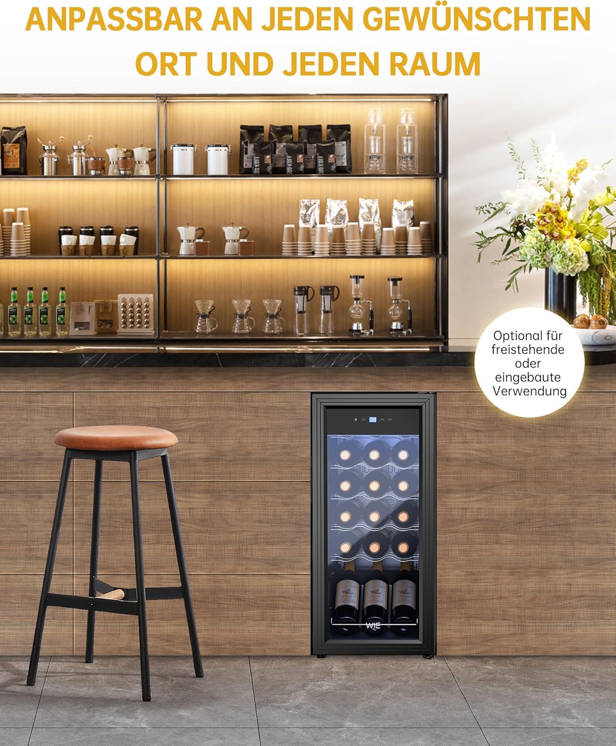 WIE Wine Fridge Compressor 53 Litres 18 Bottles Drinks Fridge Small Wine Cabinet Small Wine Fridge with Glass Door, Full Glass Design Door with LED Touch Panel, Anti-UV, Wine Fridge 5-18°C
