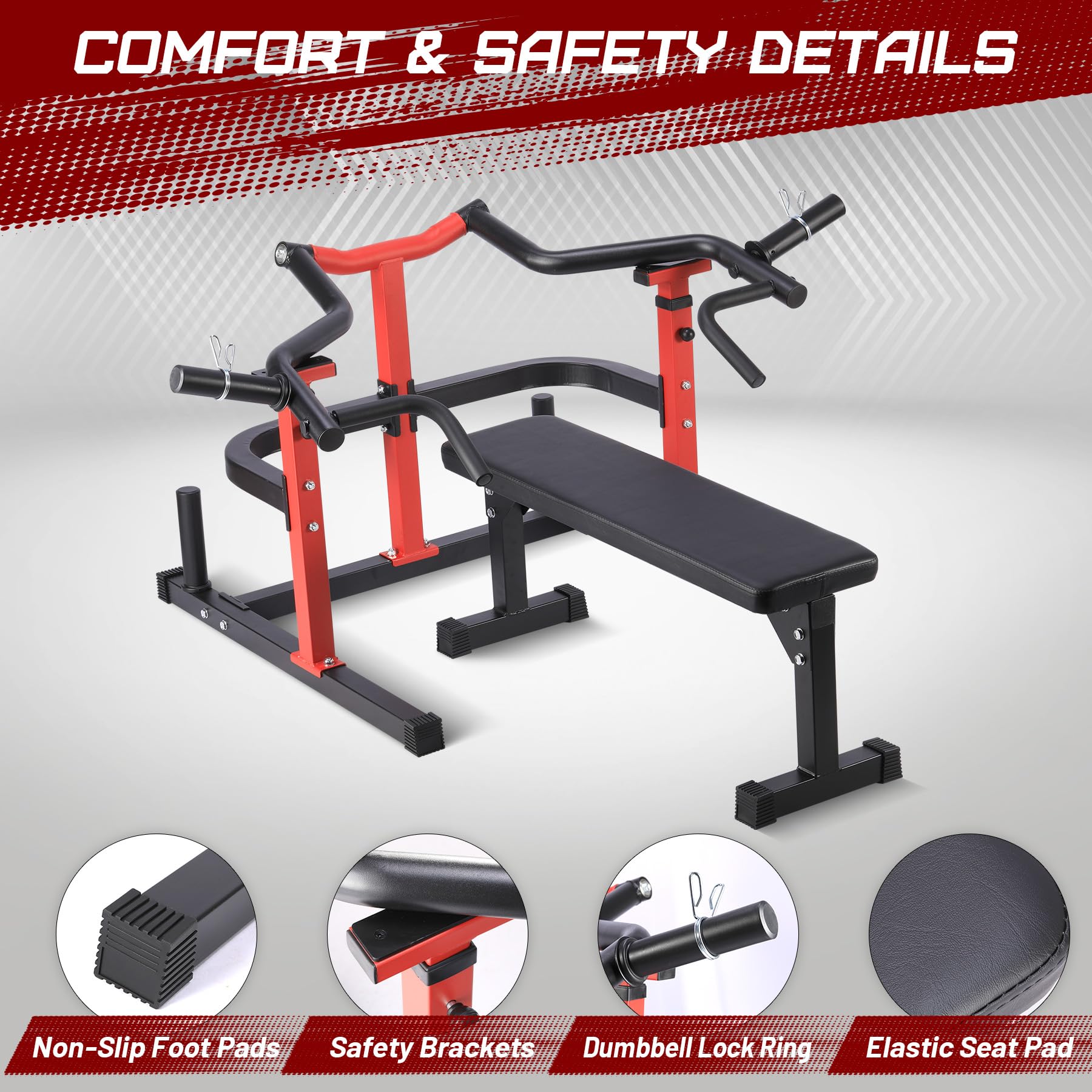 Chest Press Machine, 1050LBS Capacity, Independent Converging Arms, Weight Bench Press with Adjustable Flat Bench for Upper Body Workouts, Red