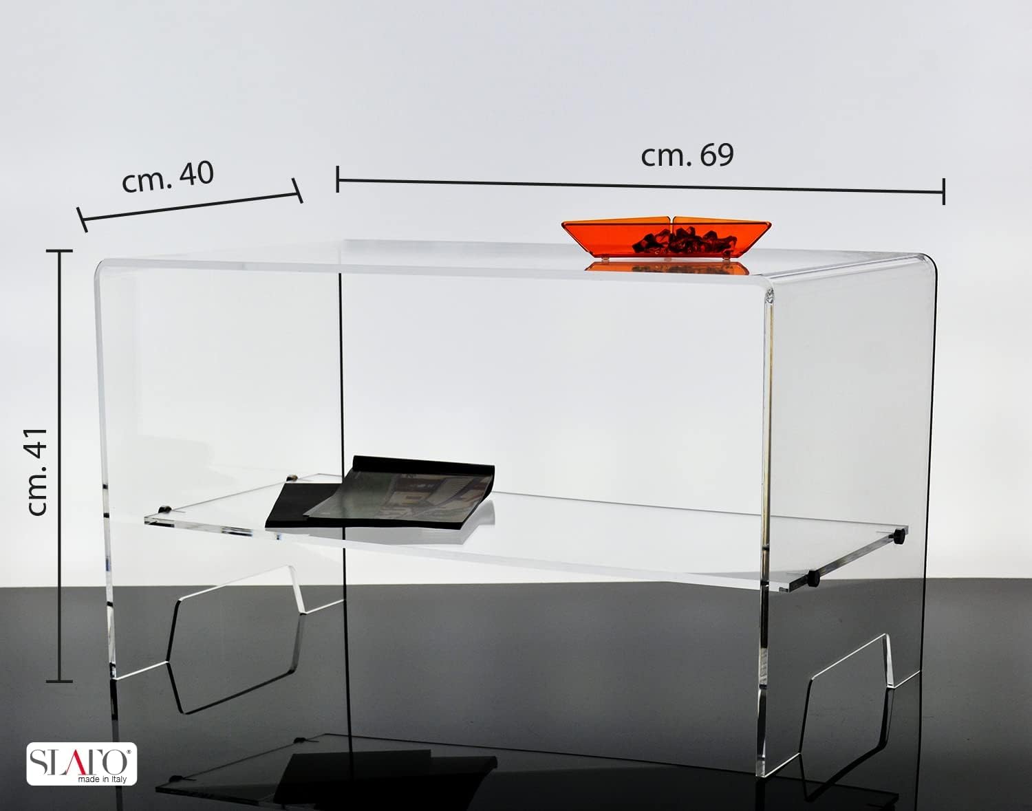 Slato Mira - Tavolino Basso da Salotto, soggiorno, Tavolino da caffè, Design Moderno in cristallo acrilico Trasparente Made in Italy, cm. L 69 × P 40 × H 41