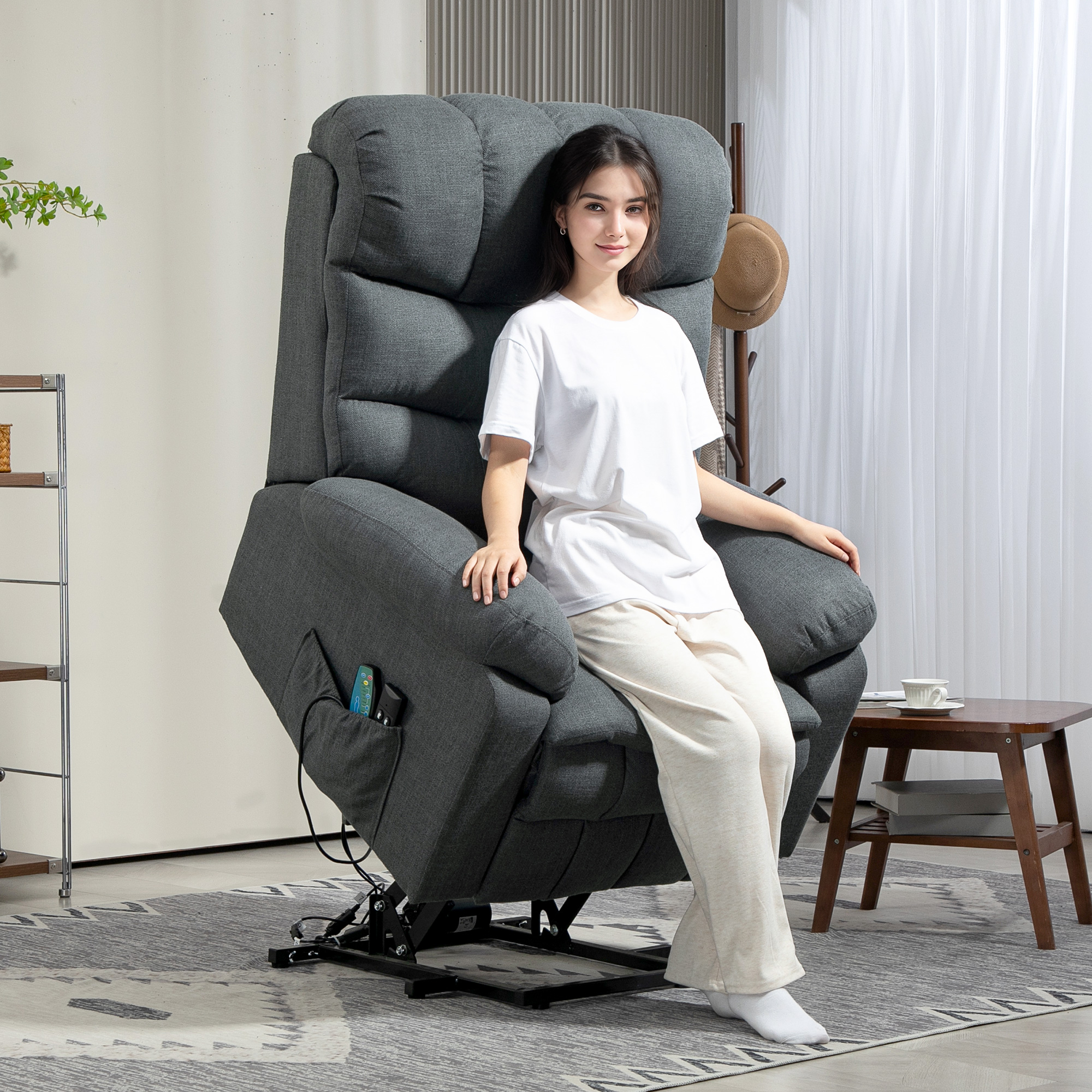 HOMCOM Aufstehsessel, elektrischer Liegesessel mit Massagefunktion, Polstersessel mit Aufstehfunktion, Metall, Stoff, Grau