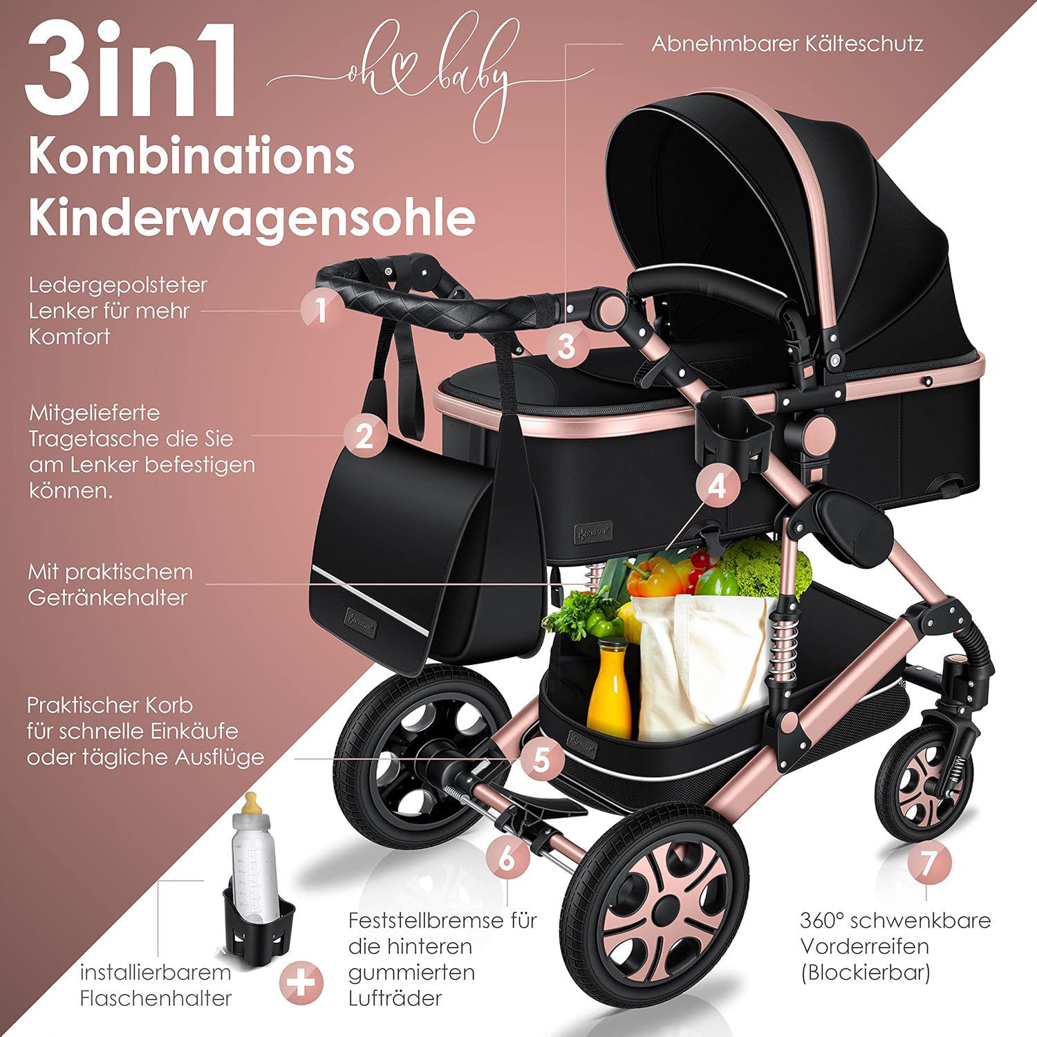KESSER® Loops 3 in 1 Kinderwagen Kombikinderwagen Komplett-Set inkl. Babywanne & Buggy Sportsitz & Auto-Babyschale Voll-Gummireifen Wickeltasche Regenschutz Kindertisch ECE R129, Schwarz/Schwarz