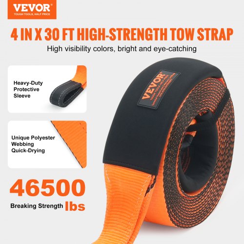 VEVOR Abschleppgurt 101,6 mm x 9,1 m, 21092 kg Bruchfestigkeit, dreifach verstärkte Schlaufengurte, Abschleppen und Bergen im Gelände, extreme Wetterbeständigkeit, Schutzhüllen und Aufbewahrungstasche