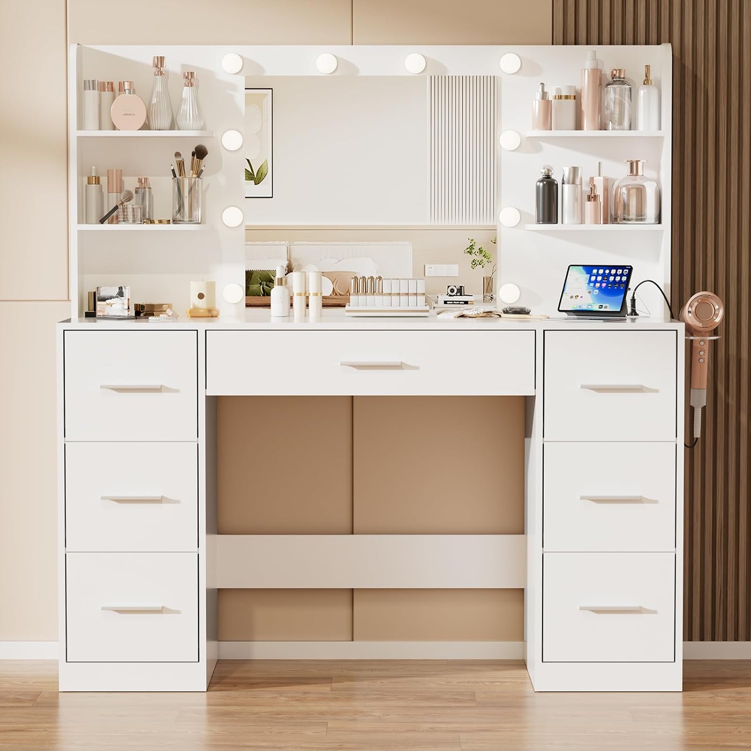 JUMMICO 108 cm Makeup Vanity Table with 10 LED Lights, 3 Colours, Adjustable Brightness, Makeup Desk with Sockets, 7 Drawers and 6 Open Shelves, Makeup Table (White)