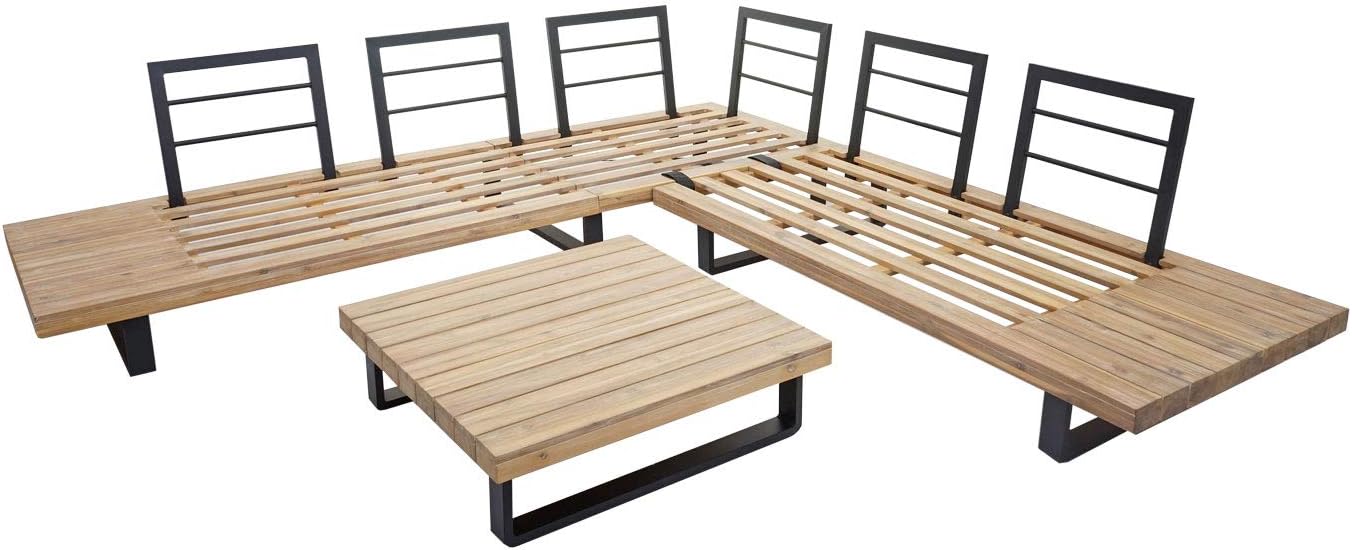 Mendler HWC-H54 Outdoor Garden Living Room Set Acacia Wood Aluminium Light Brown with Light Grey Cushions