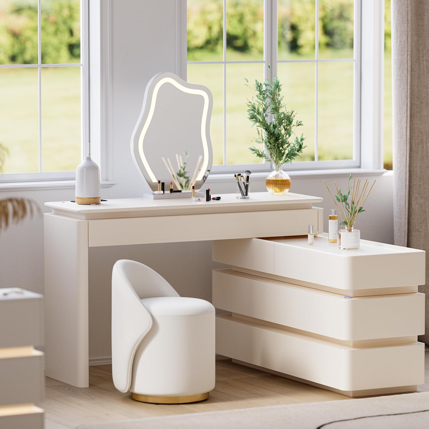 Homary Schminktisch mit Beleuchtung, Modern Schminktisch mit Ausziehbarem Design, Dimmbarer LED-Beleuchtung und Integrierter Ladestation für Ihre Beauty-Tools