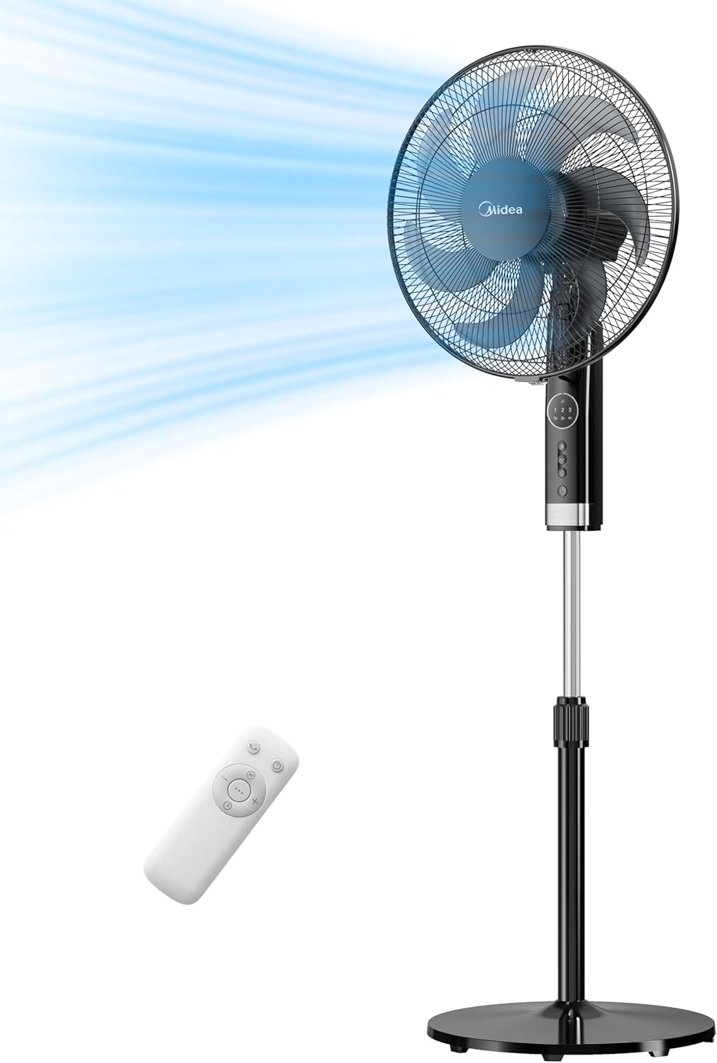 Midea MFS400M0APW0 Floor Fan, 40W Silent Fan, 7 Hours Timer with Remote Control, 3 Speed Levels, 90° Oscillation, Adjustable Height from 1.1 to 1.3 m, White