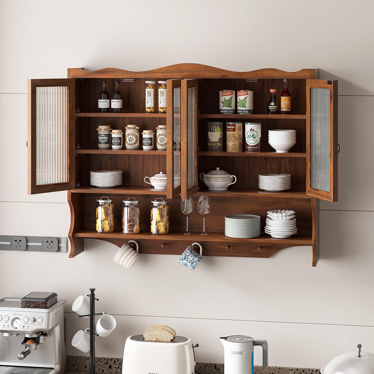 Vetrina sospesa da 100 cm, pensile da cucina, shabby chic, con 4 ante, due ripiani e listello aperto, adatto per bagni, cucine e sala da pranzo (marrone)