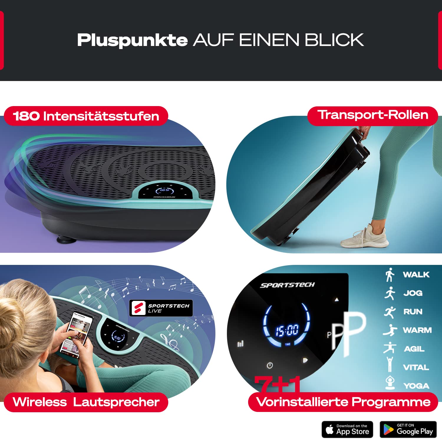 Sportstech Vibrationsplatte VP250 leiser Motor für Yoga und Lymphdrainage Vibrationstraining Fitness Wellness