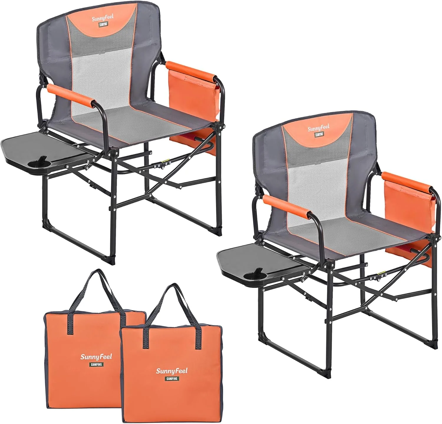 The camping supervisor uses portable folding chairs with side tables and storage bags. These are sturdy and durable, suitable for adults for outdoor use. Each set consists of two (black color)