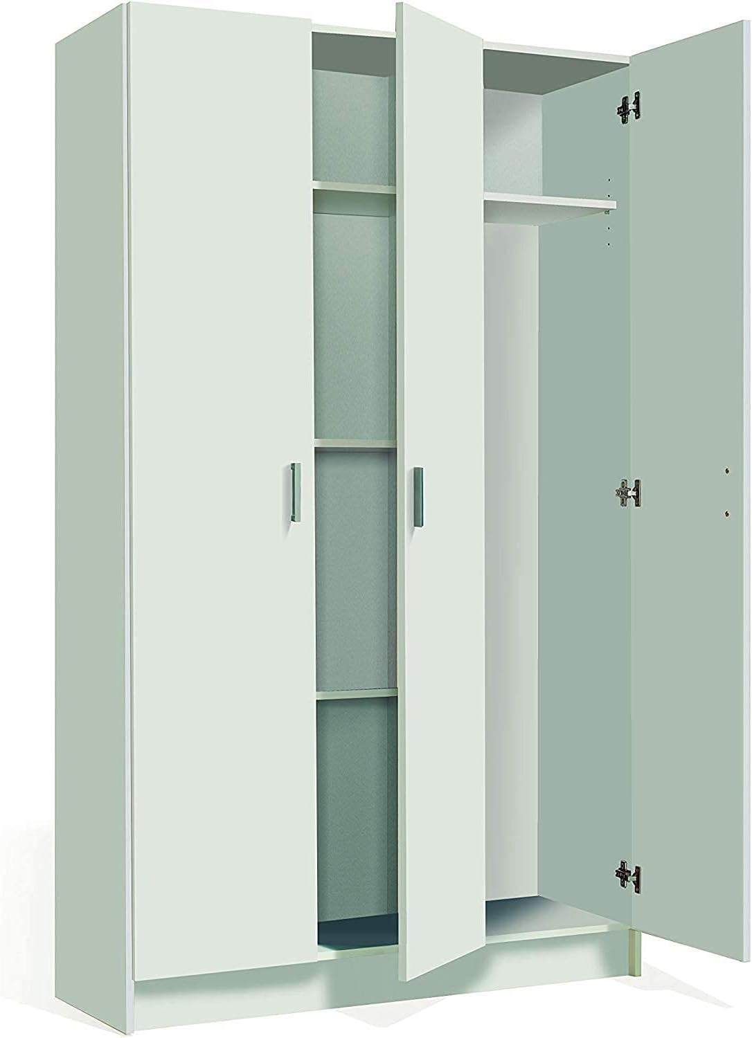 Wardrobe with 3 Doors and 5 Shelves Multipurpose Cabinet Space Saving Broom Holder Column Entrance Bedroom Storage Garage Modern Design 109 x 180 x 37 cm White