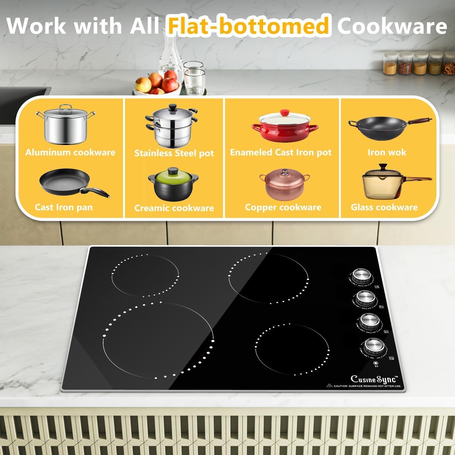 30 Inch Built-In Electric Ceramic Glass Cooktop, 4 Burners, 7200W Total Power, Knob Control, Compatible with Flat-Bottom Cookware, 220-240V Hardwired