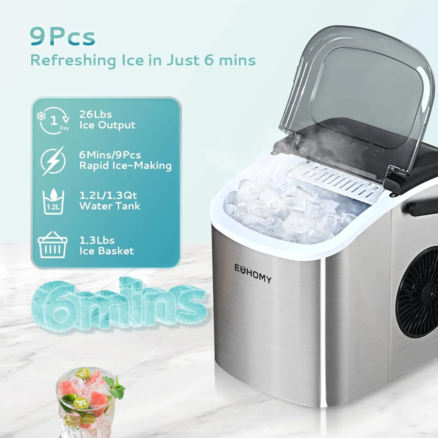 2025 Máquina de hielo portátil EUHOMY Silver Bullet de 12'' con asa – Eficiencia energética