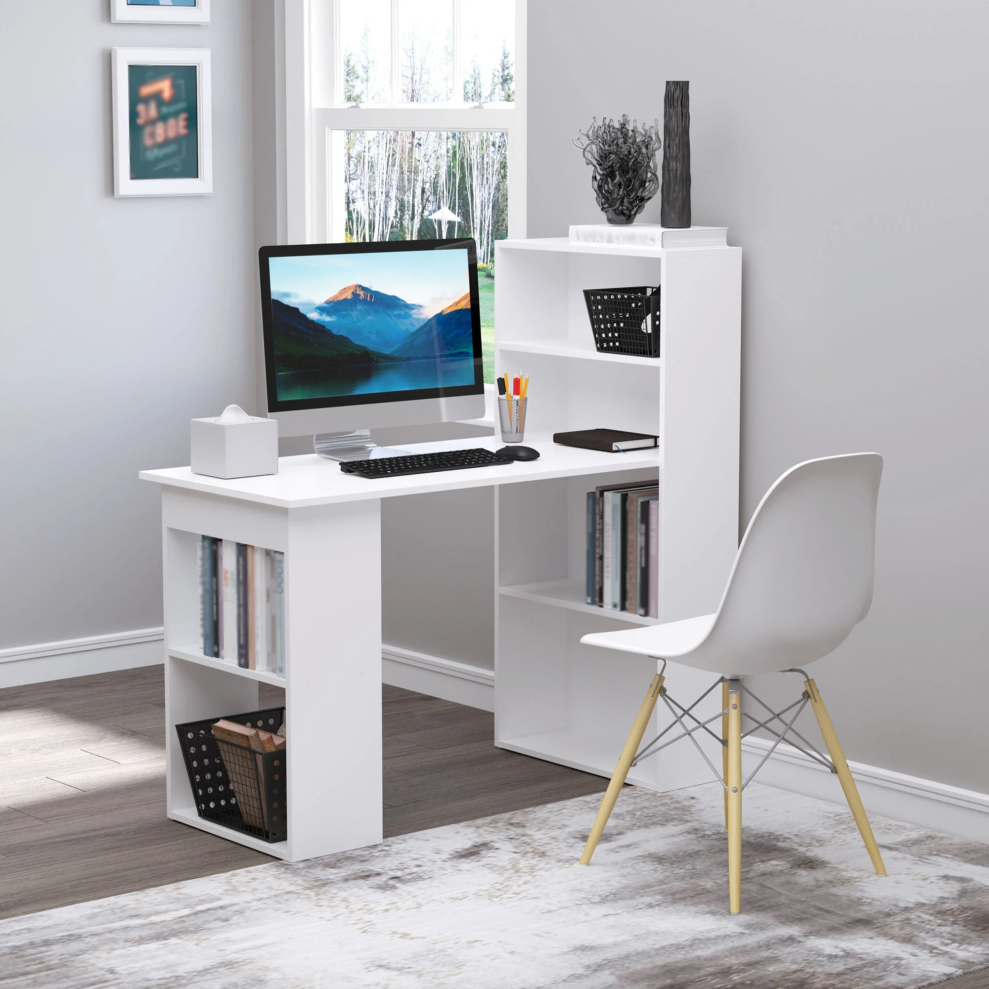Escritorio de Ordenador Moderno de 120 cm con Estantería, Mesa de Estudio y Estación de Trabajo con 6 Estantes, Blanco