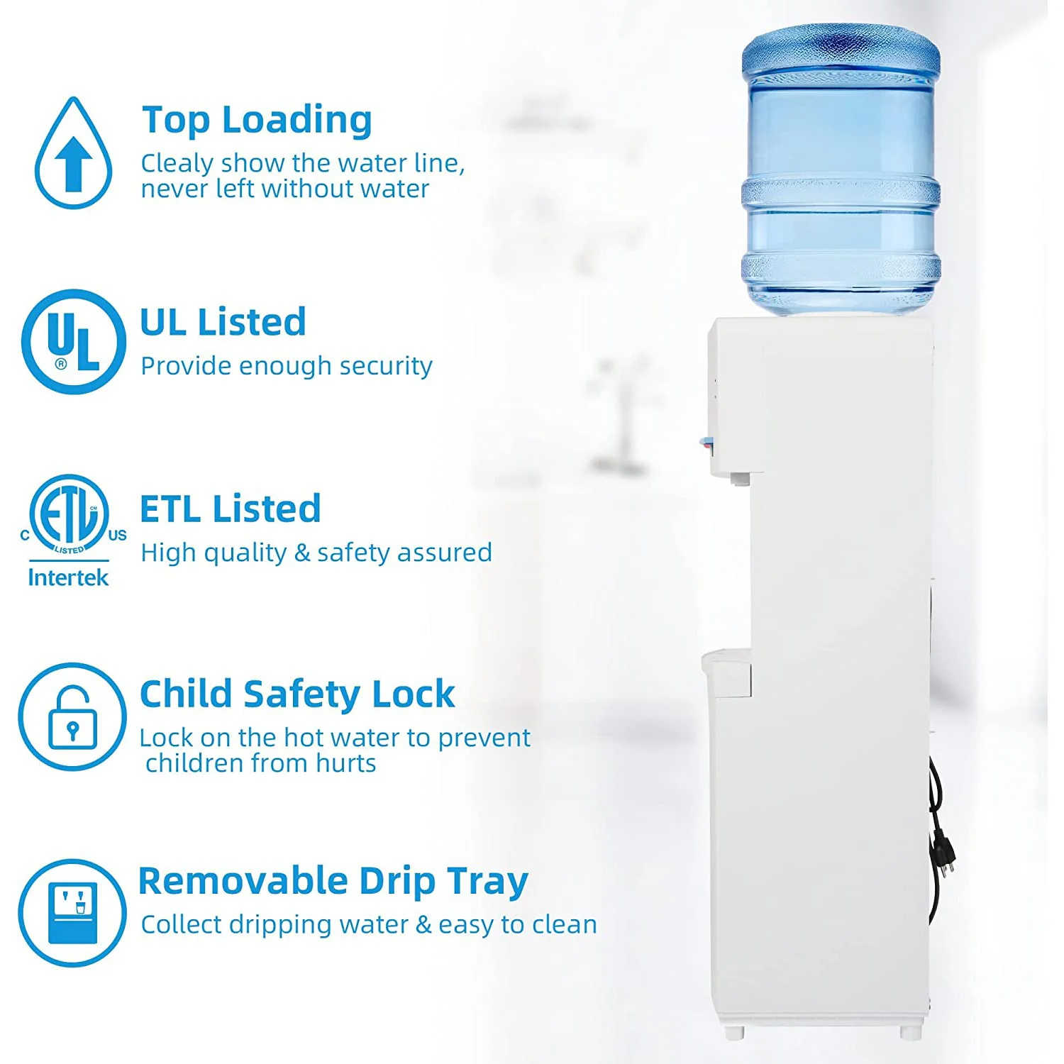 2025 Fuente de agua de carga superior para botellas de 3–5 galones – Agua caliente y fría con seguridad infantil – Blanca