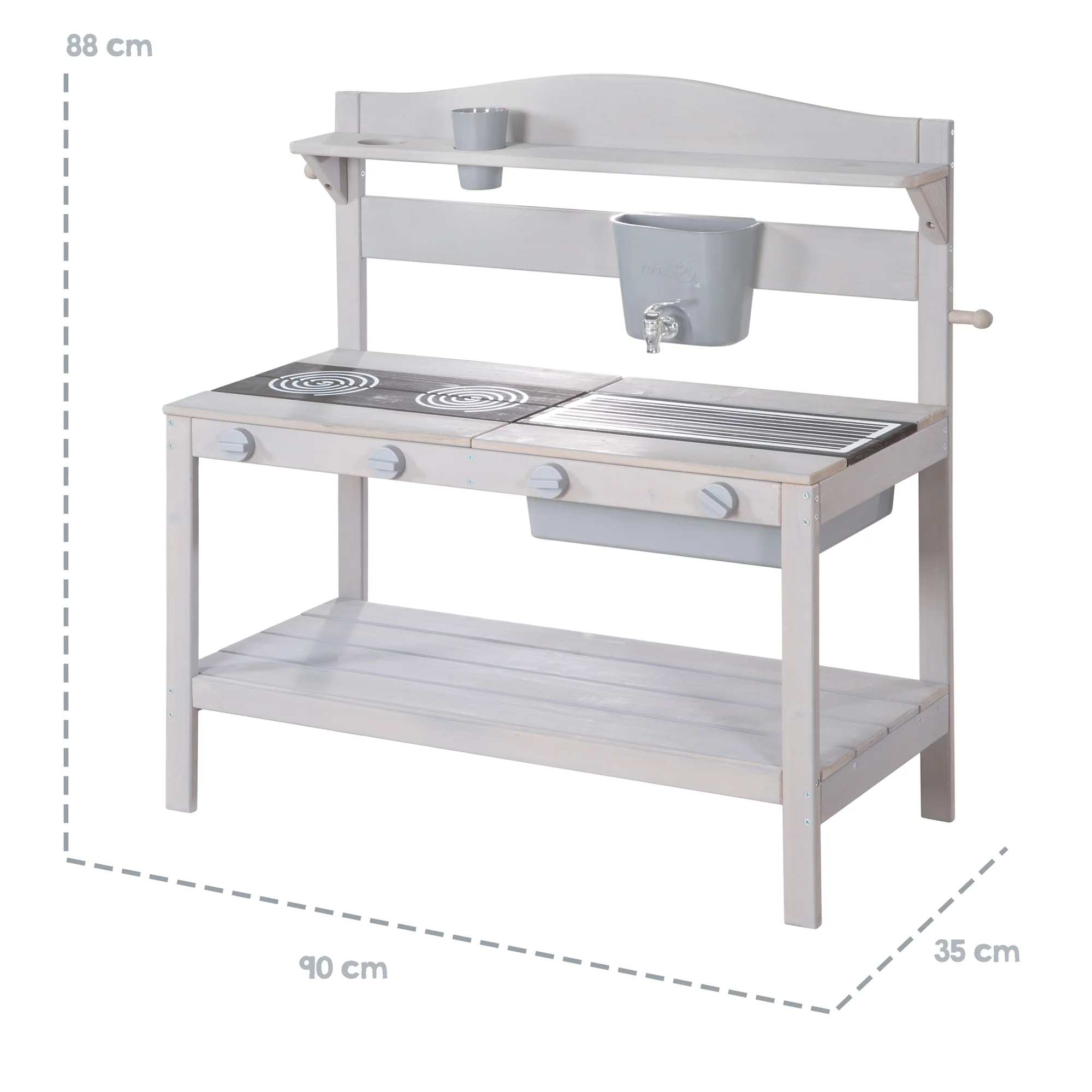 Cocina de barro para exteriores con accesorios - Madera certificada FSC - Acabado en gris grabado