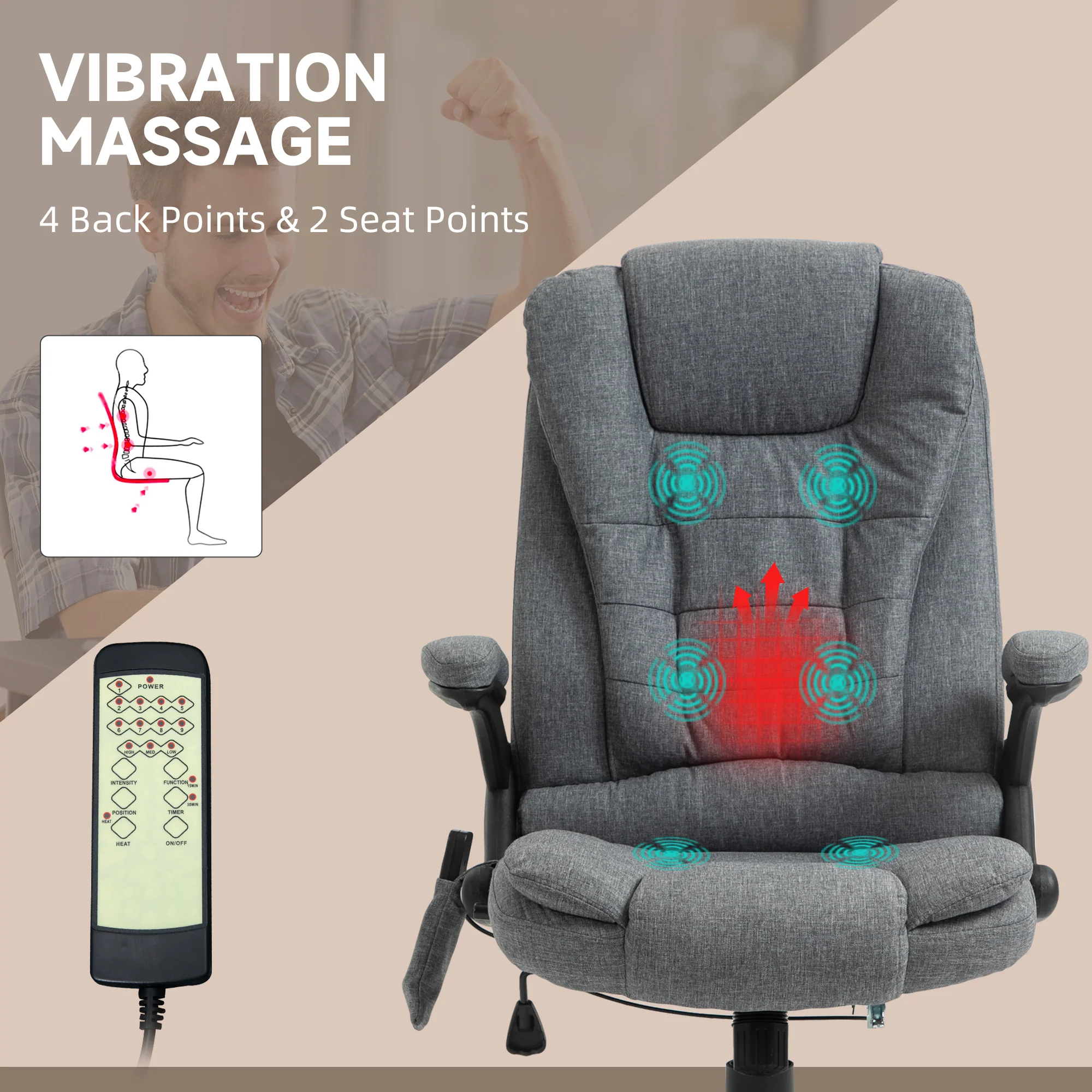 Silla de Oficina Ergonómica con Masaje de 6 Puntos y Calefacción en la Espalda, Tela Tipo Lino, Gris