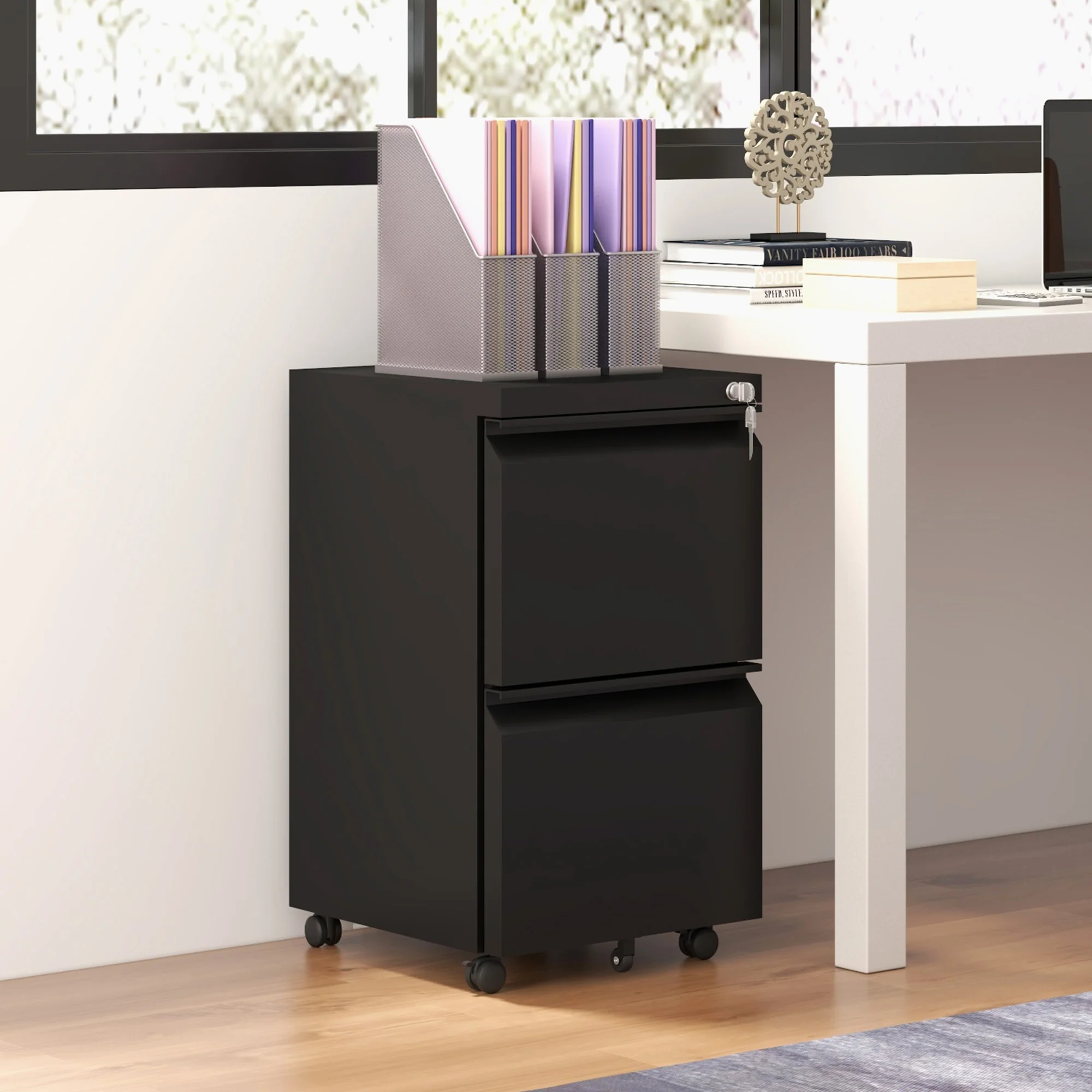 Archivador Móvil con 2 Cajones, Mueble de Archivo Cerrable de Acero, Cuerpo Preensamblado, Negro