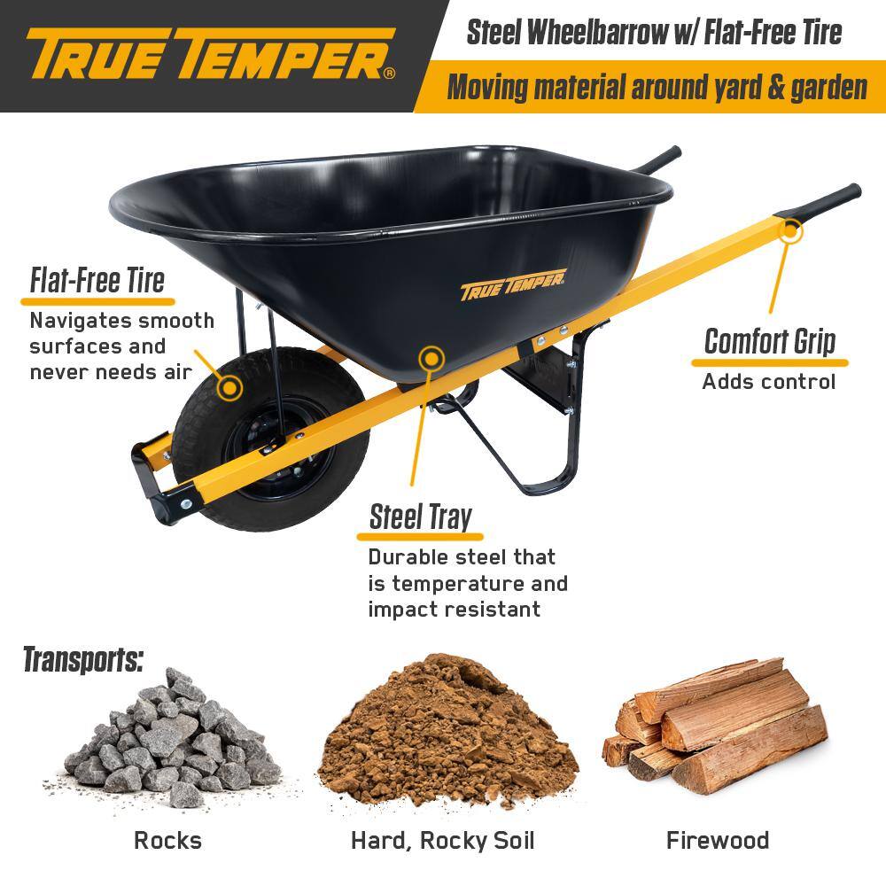 Carretilla True Temper R6STFFEC de Acero 6 pies³ con Rueda Antipinchazos y Mangos de Acero – Kit para Montar