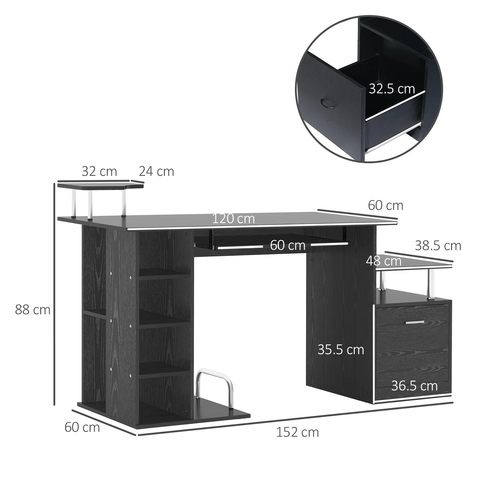 Estación de Trabajo para Ordenador con Cajón y Estanterías, Soporte para CPU, Escritorio para Oficina en Casa, Negro