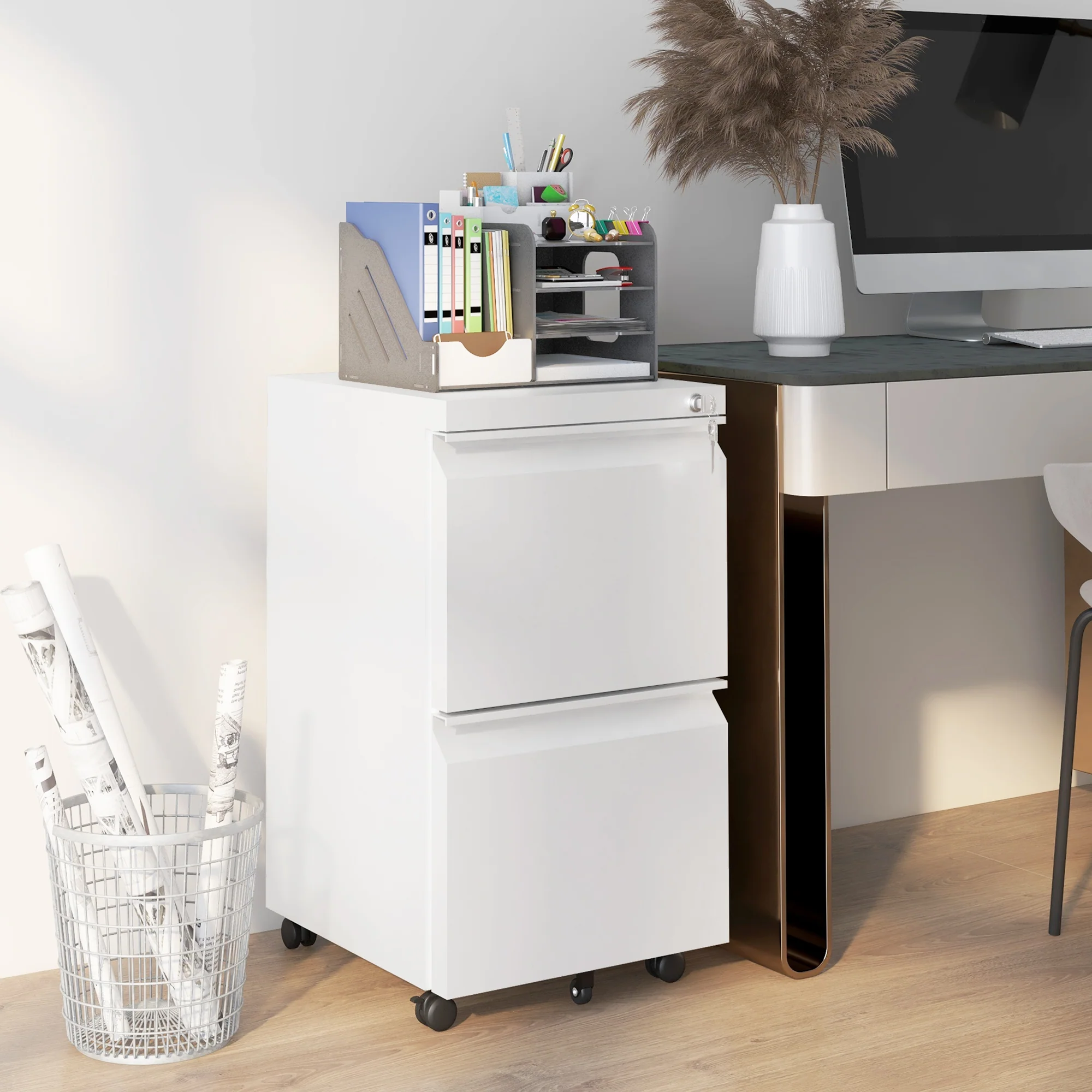 Archivador Móvil con 2 Cajones, Mueble de Archivo Cerrable de Acero, Cuerpo Preensamblado, Blanco