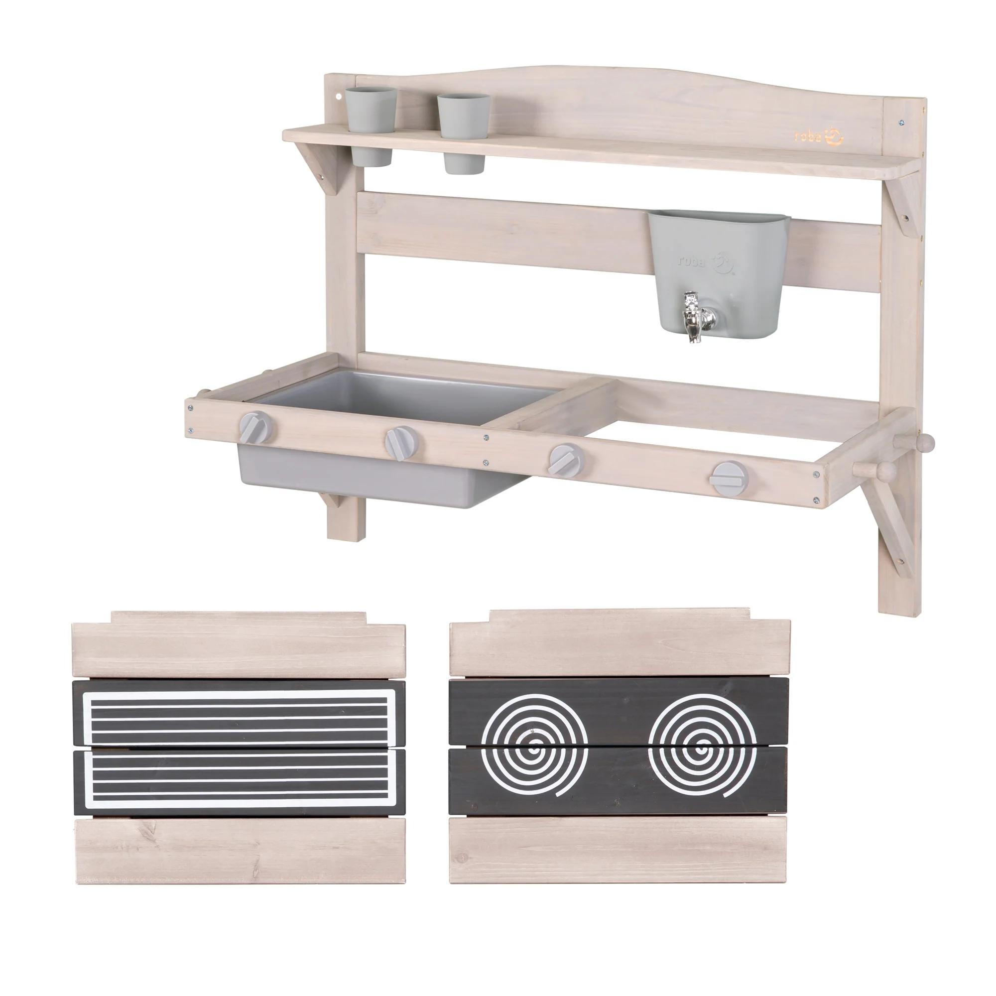 Cocina de juego y barro colgante – Madera certificada FSC – Acabado en gris grabado