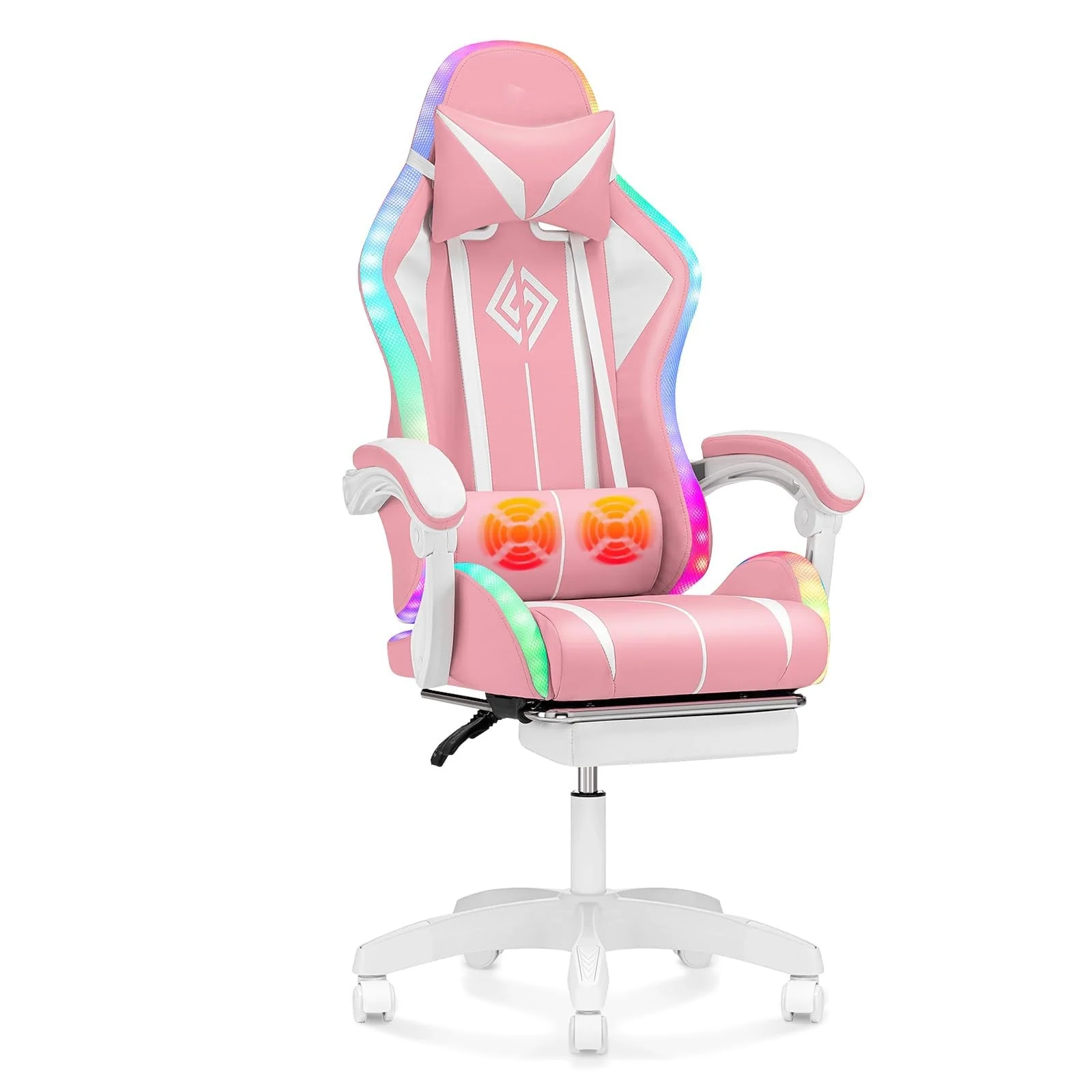 Silla Gaming RGB con Masaje, Luces LED, Reposapiés y Soporte Lumbar Ajustable – Azul Claro y Blanco